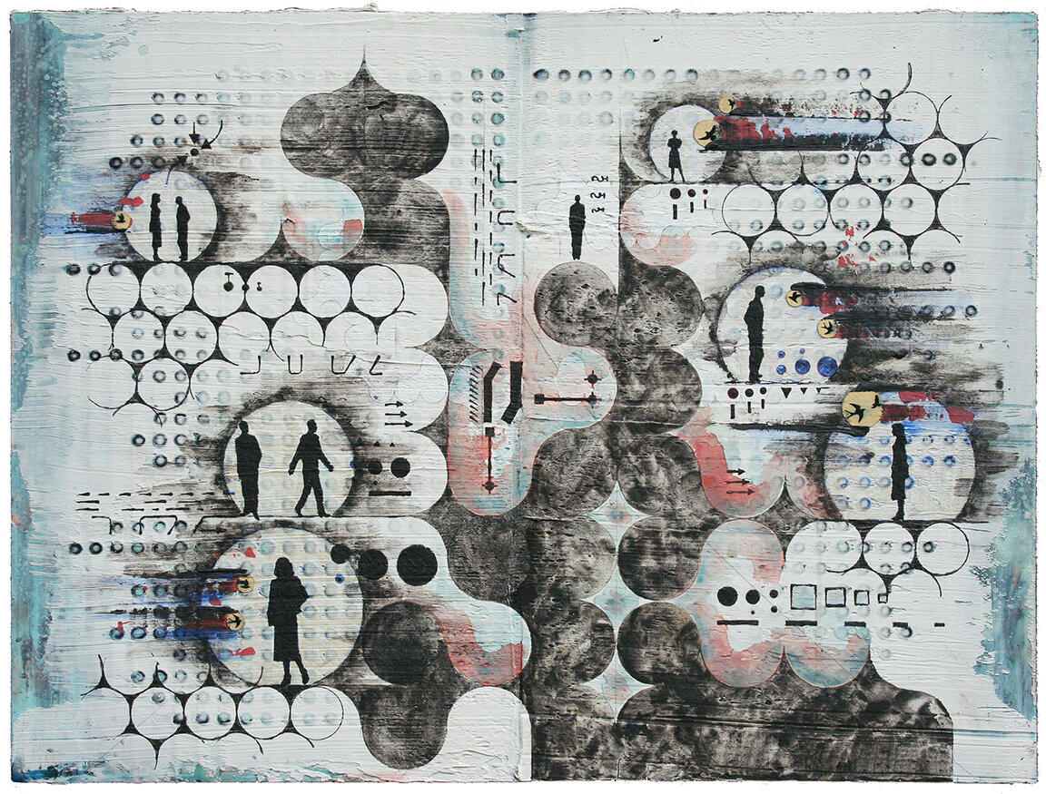    AM Radio: The Architects , 2020   Acrylic, graphite, on board  24 x 18 inches 