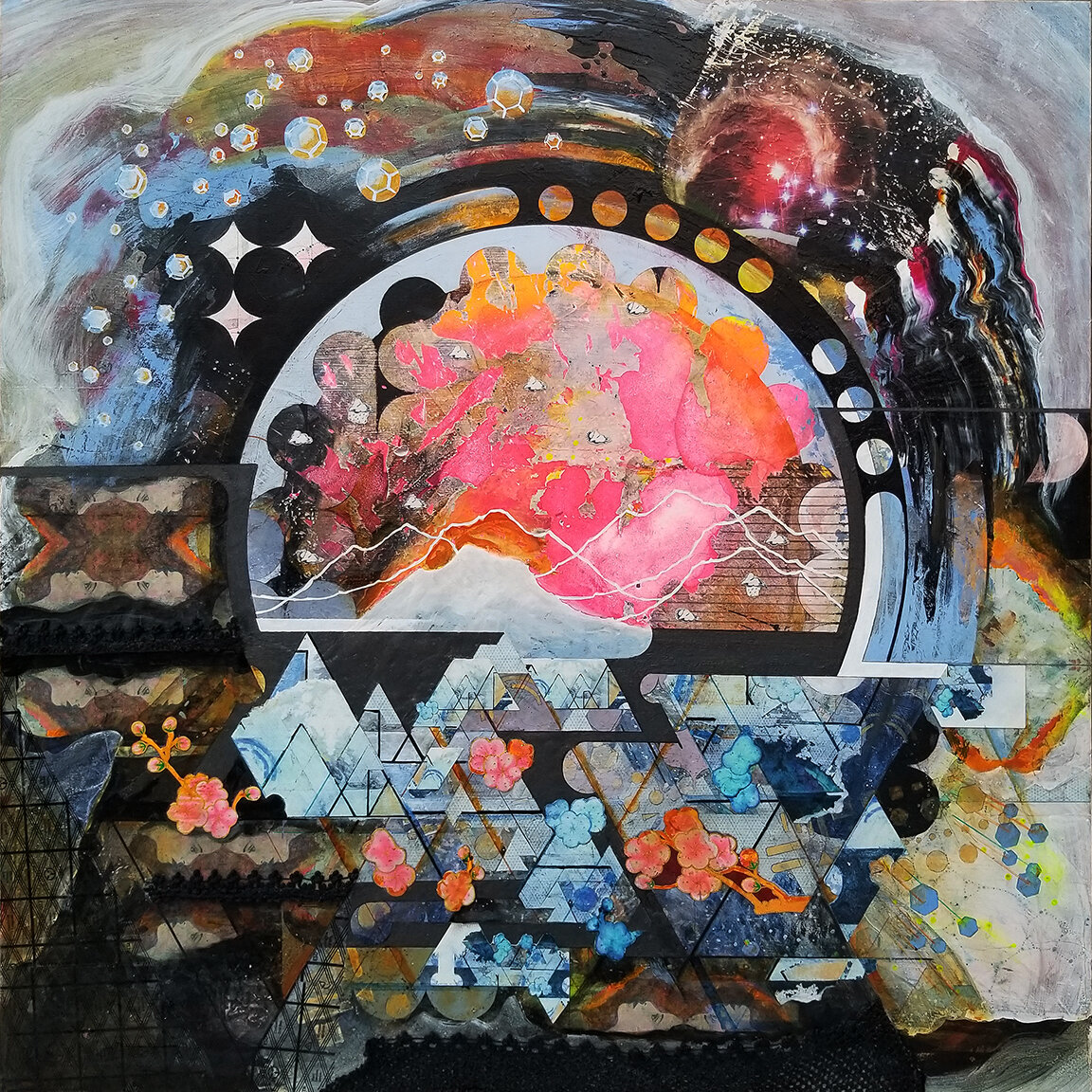    Nixie, Moments Before Sleep , 2020   Acrylic, ink, paper, my best shirt on board  30 x 30 inches 