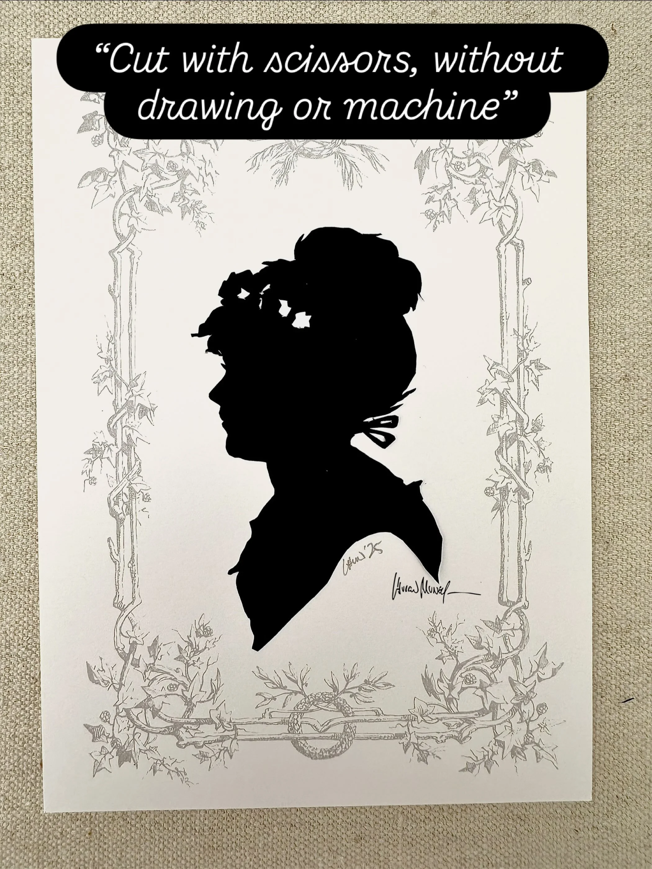 &ldquo;Cut with common scissors, without drawing or machine&rdquo; was a truthful advertising phrase used by silhouette artists 200 years ago. But what does it mean?
.
This phrase means that the artist does not draw out the portrait of his/her sitter