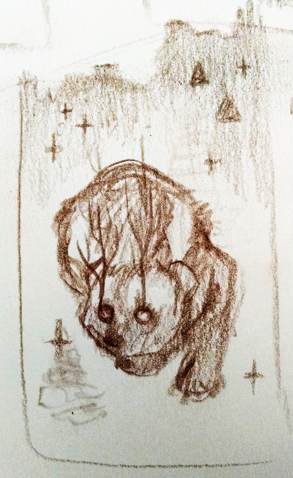 Where it all begins...the thumbnail that I like enough to draw it out. I probably thumb between 6 and 24 ideas before settling on the one that feels the best. I believe I went through about a dozen before this guy.