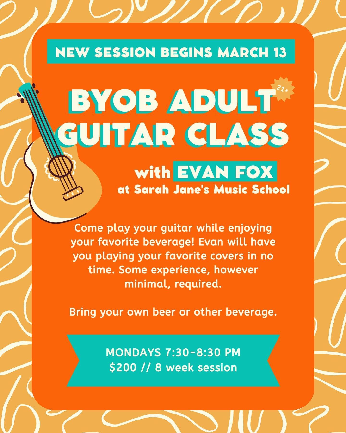 Adult guitar class starts again Monday! It&rsquo;s been a huge fav of our adult learners. Get into some weekly music making, low presh, meet some new folks. 7:30!