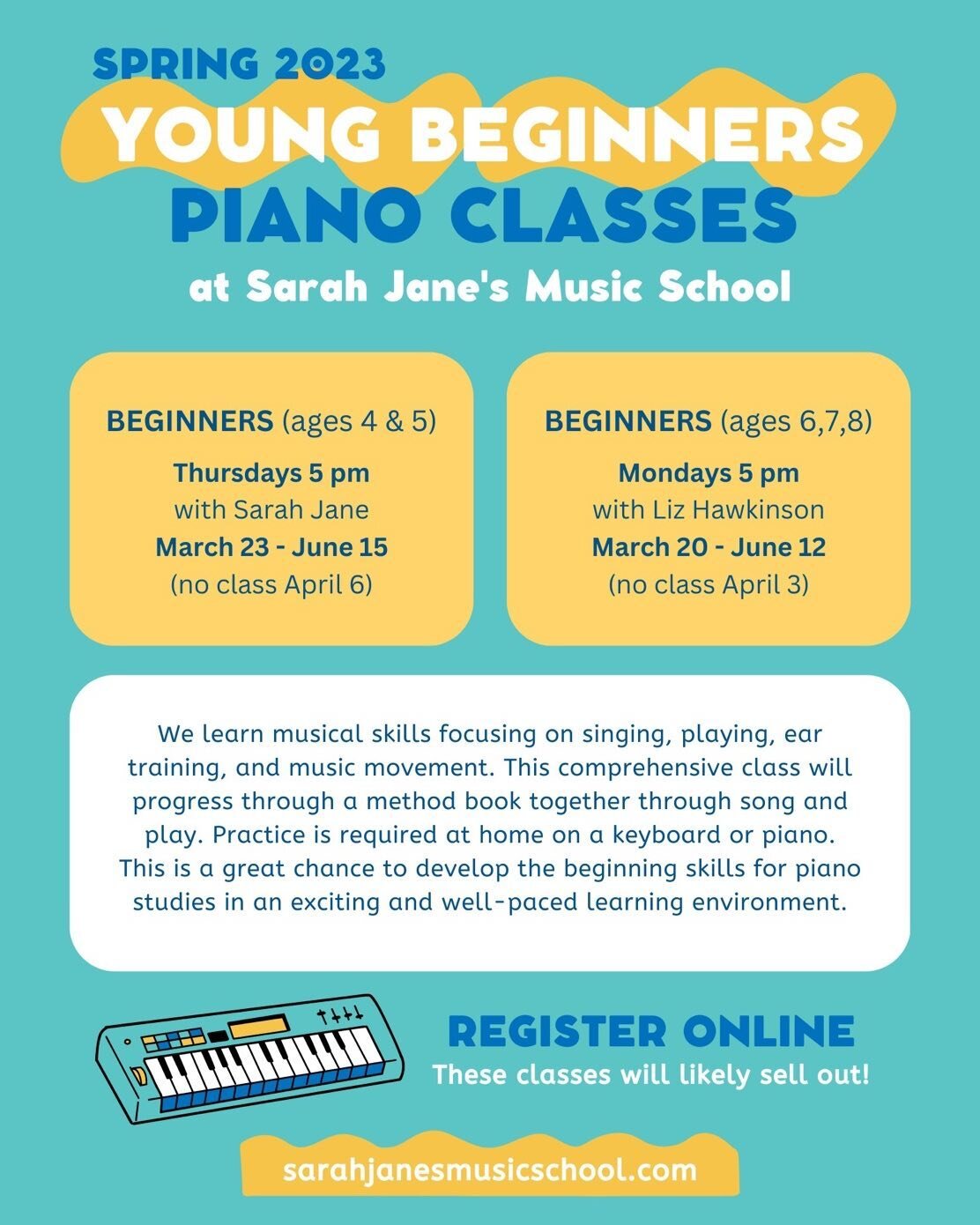 Superstar teachers Liz and Sarah Jane are starting the next round of piano classes! This is a great option for ages 4-8. Build those new practice habits and learn the foundations of piano in a fun group environment! 
Starts week of March 20 ⭐️⭐️⭐️