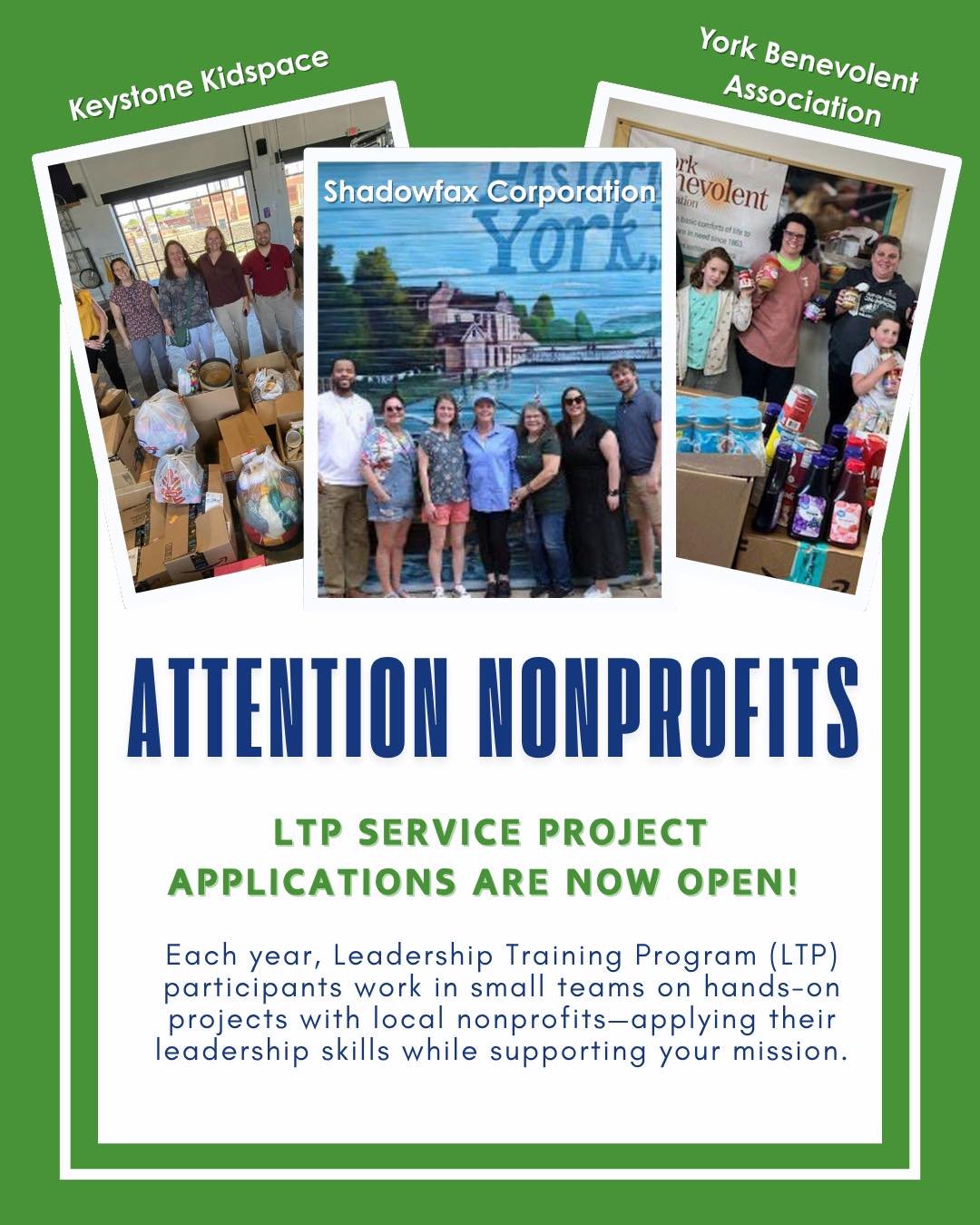 Now accepting Service Project Applications for Spring 2026!

Each year, Leadership Training Program (LTP) participants partner with local nonprofits to complete hands-on projects that make a real impact. It&rsquo;s a great way to support your mission