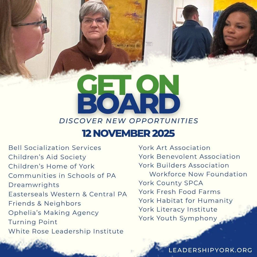 Looking for a way to give back and put your leadership skills to use?
Join us for Get On Board on November 12, a fast-paced networking event connecting Leadership York alumni with local nonprofits seeking board members and volunteers.
Discover wher