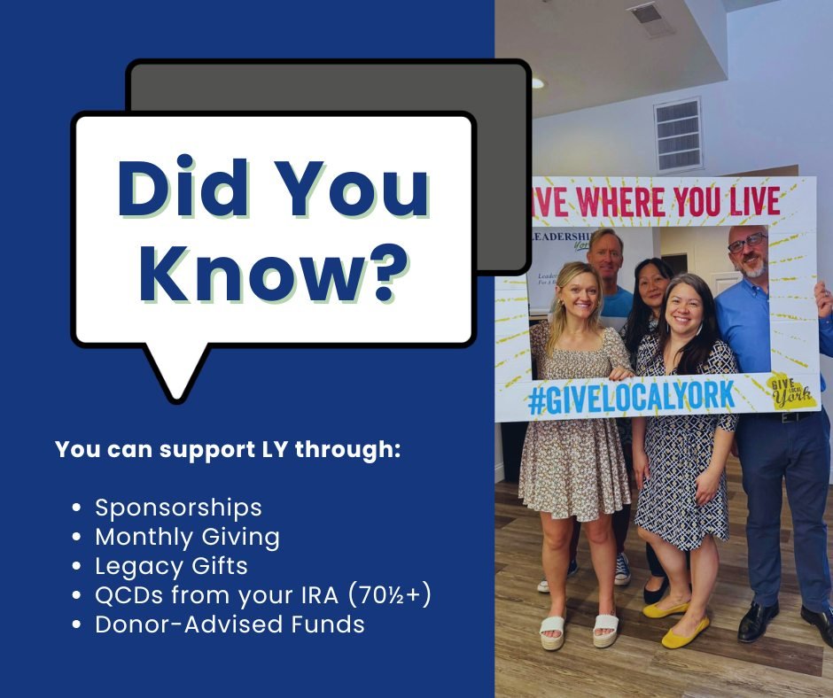 Leadership York offers a variety of meaningful giving opportunities for both companies and individuals. 🌟

From program sponsorships to monthly giving, legacy gifts, and donor-advised funds, your support helps us continue developing strong leaders f