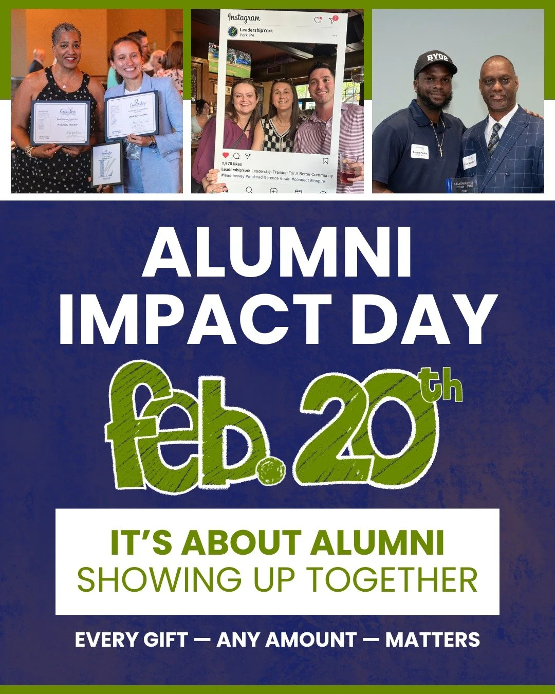 Alumni Impact Day is coming!✨

On February 20, we&rsquo;re inviting Leadership York alumni to come together for a 24-hour moment of impact. This day is all about participation...when we show up together, every dollar adds up to something powerful.

?