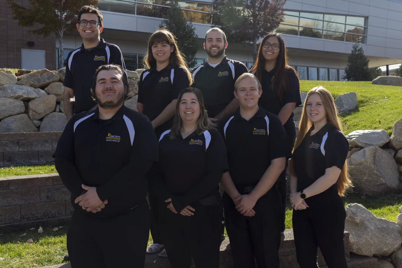 Eagle Works Directors - Fall 2018. Back row: Reece Ticotin, Emily Hay, Robbie Konieczny, Michelle Luna ; Front row: Sean Rager, Andreea Hauser, Matthew Norris, and Julia Milhaylov.