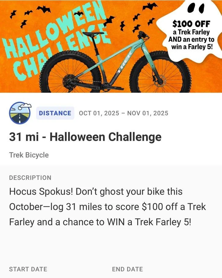 Ride 31 miles in the month of October and you just might win a Trek Farley fat bike! Join this Halloween challenge on the Trek Ride Club App starting Wednesday!