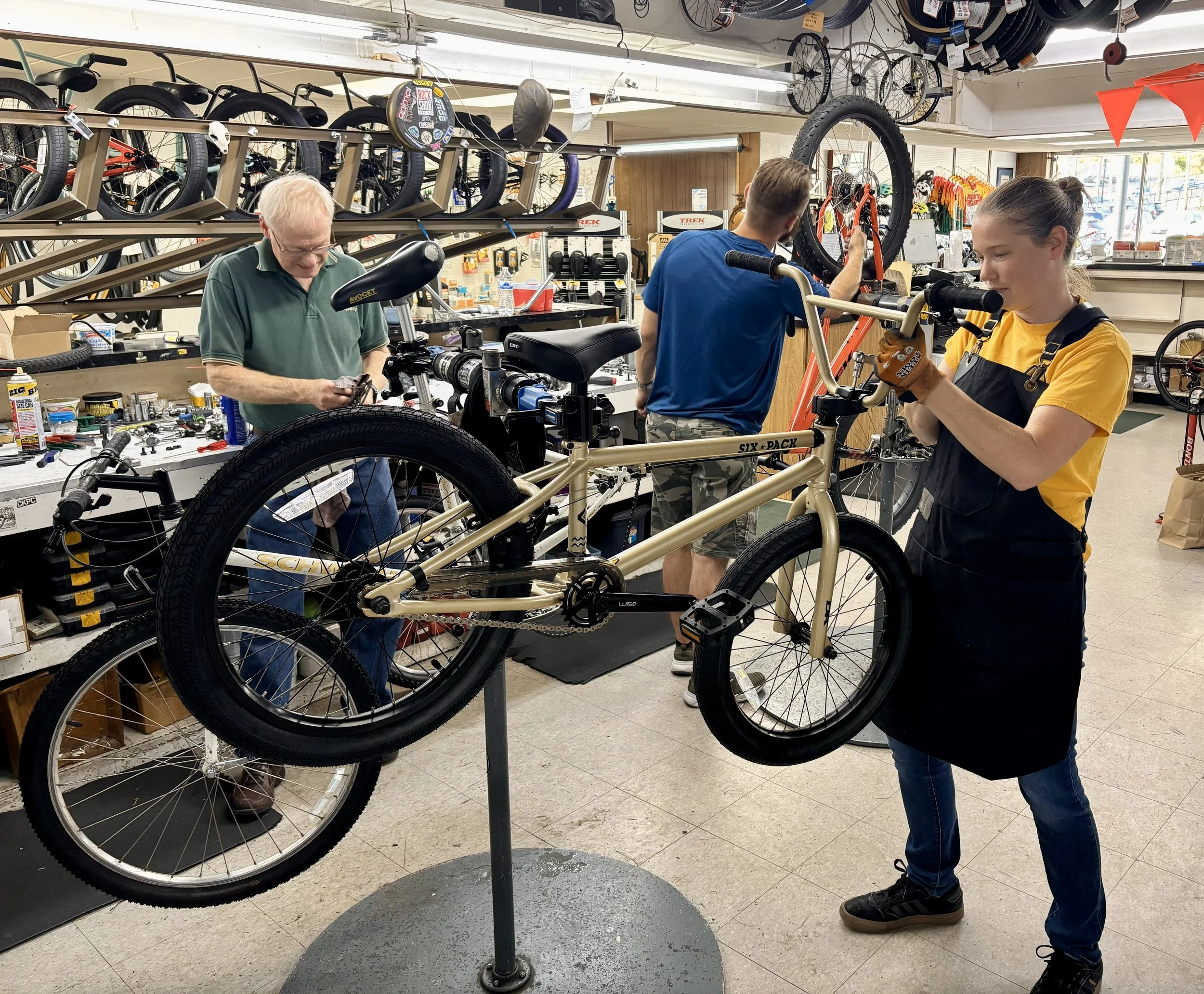 Bicycle mechanics working