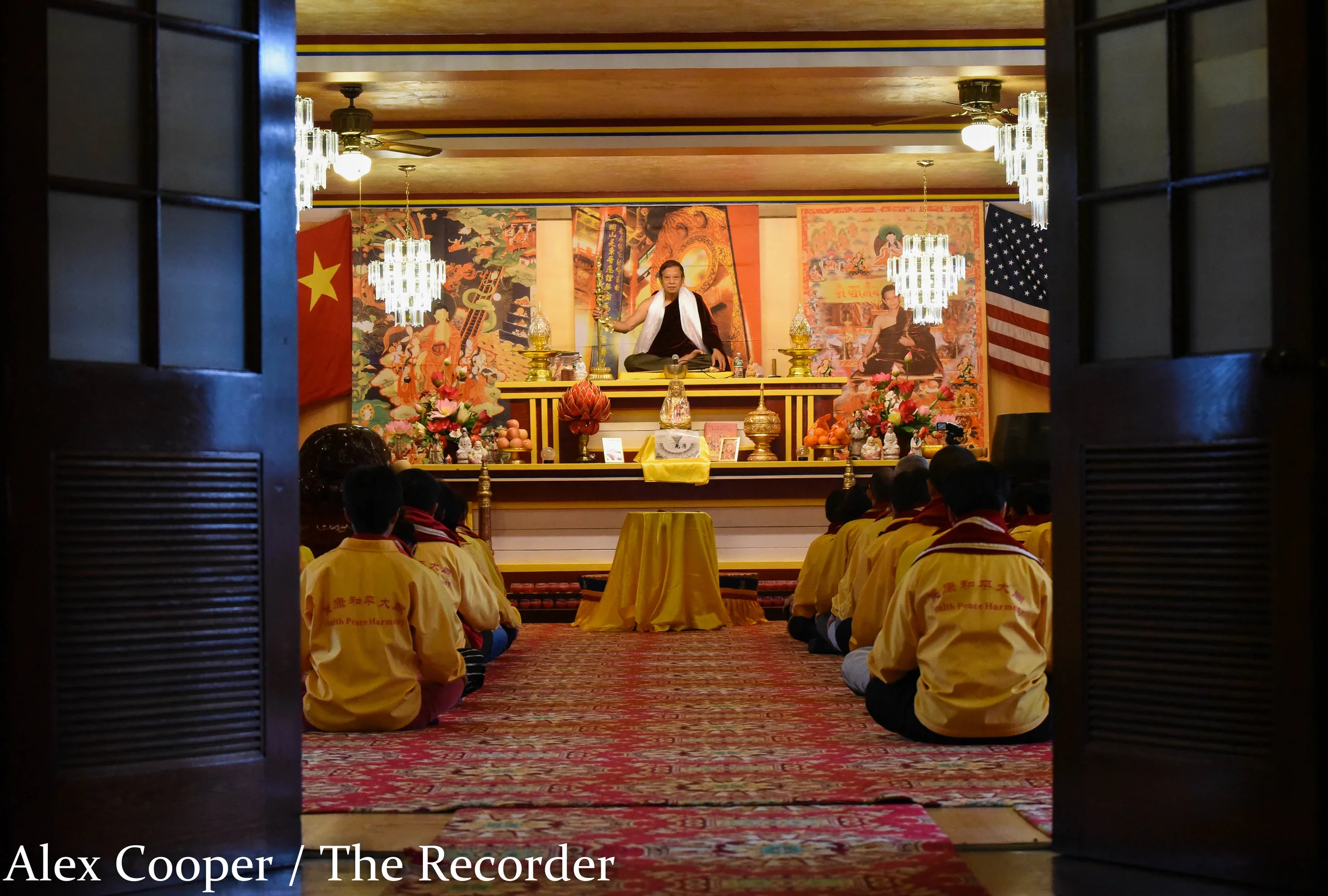 Alex Cooper / Recorder staff Holy master Ziguang Shang Shi leads his students during a celebration of the holy birthday of the God of Earth on Tuesday, August 30, at the Western Shrine building located in Fultonville.