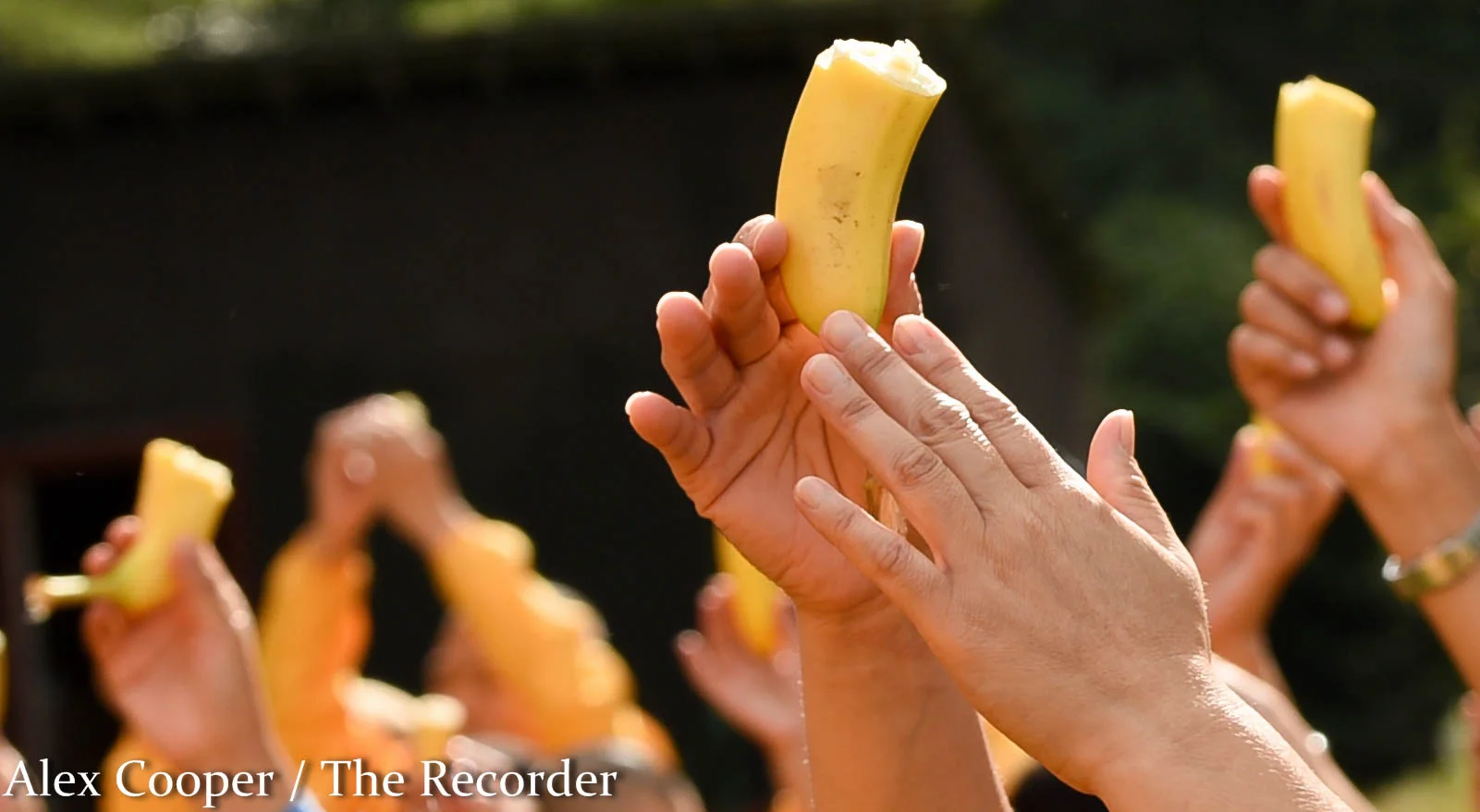 Alex Cooper / Recorder staff Students hold bananas into the air for the God of Earth to smell during the Hungry Ghost Festival on Wednesday, August 17, at the Ephratah Villa. Everyone in the ceremony received half of a banana and a cherry in order t…