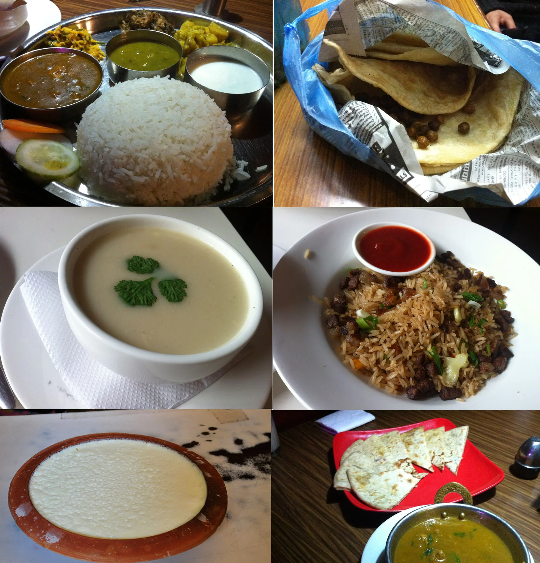 1st: Nepali set dinner; 2nd: pancake (I can’t say how simple the wrap is, anyway I tried the REAL local street food); 3rd: chicken soup; 4th: chicken fried rice; 5th: handmade yogurt; 6th: nana, local food.