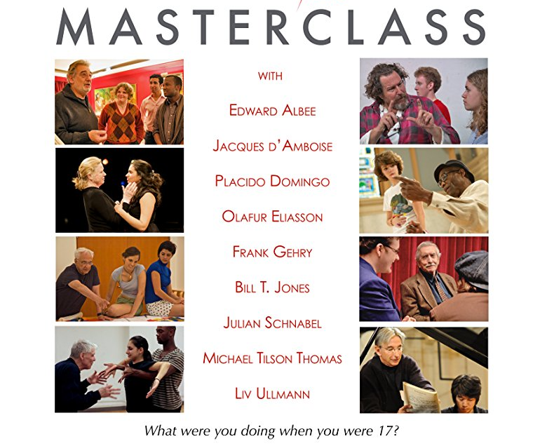 In this three season Emmy-winning HBO Family documentary series, "Masterclass," a world-class artist works intimately with a small group of exceptionally talented teenagers from the YoungArts program. The artist, in turn, is reminded that these encounters are a two-way street, with the teacher re-learning important truths from eager students. http://www.imdb.com/title/tt1634099/