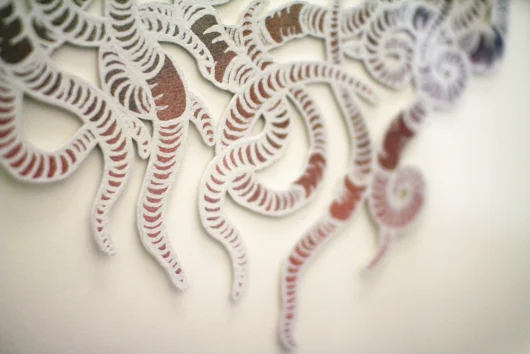 Chris Buening | Wormhole (detail), spray paint and correction fluid on cut paper, 49 x 43 inches