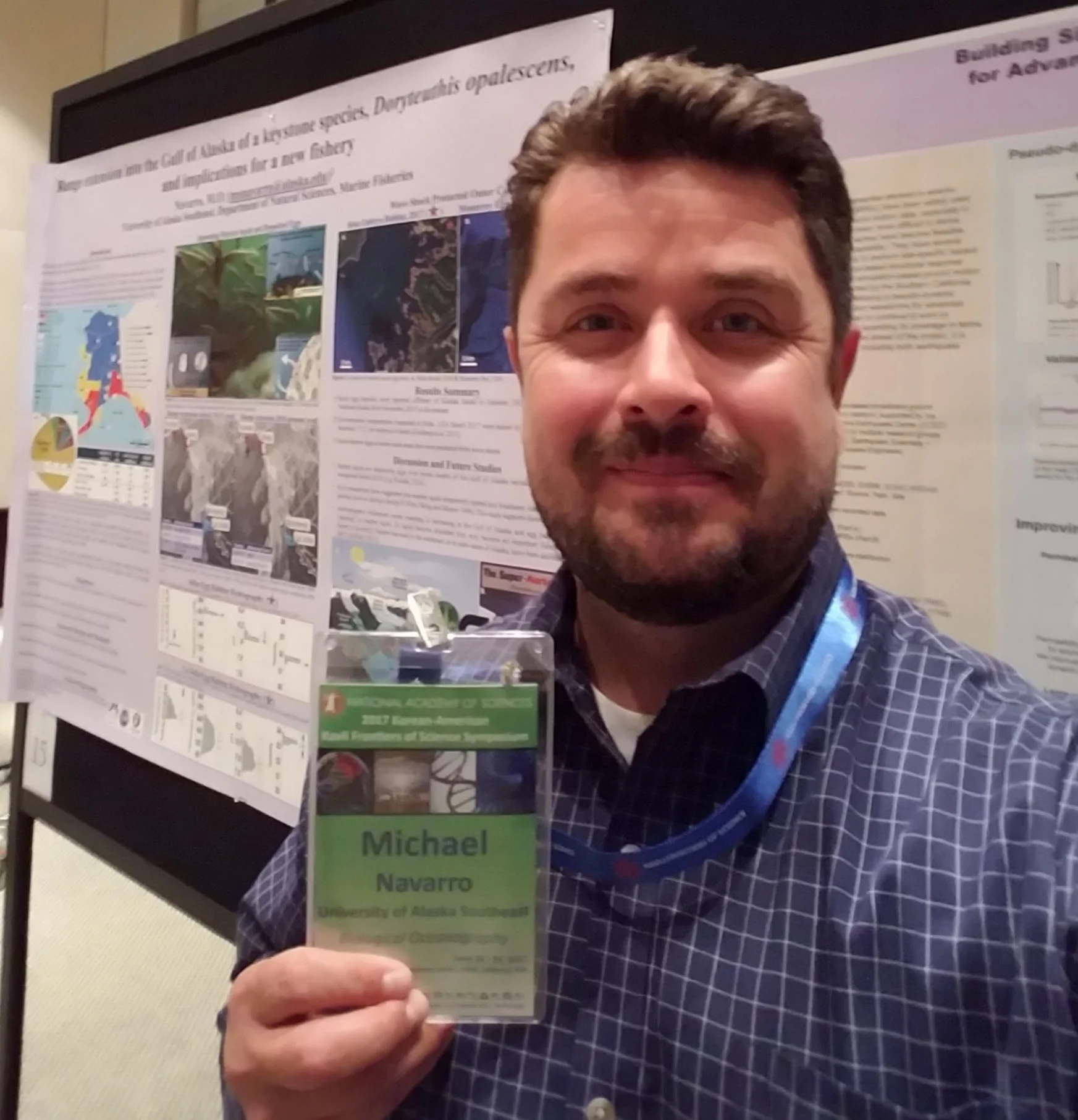 At the National Academy of Sciences, Kavli Frontiers in Sciences Conference in Newport Beach (June 2017), Navarro was selected as a distinguished young scientist and gave a presentation, "Range extension into the Gulf of Alaska of a keystone species, Doryteuthis opalescens, and implications for a new fishery."