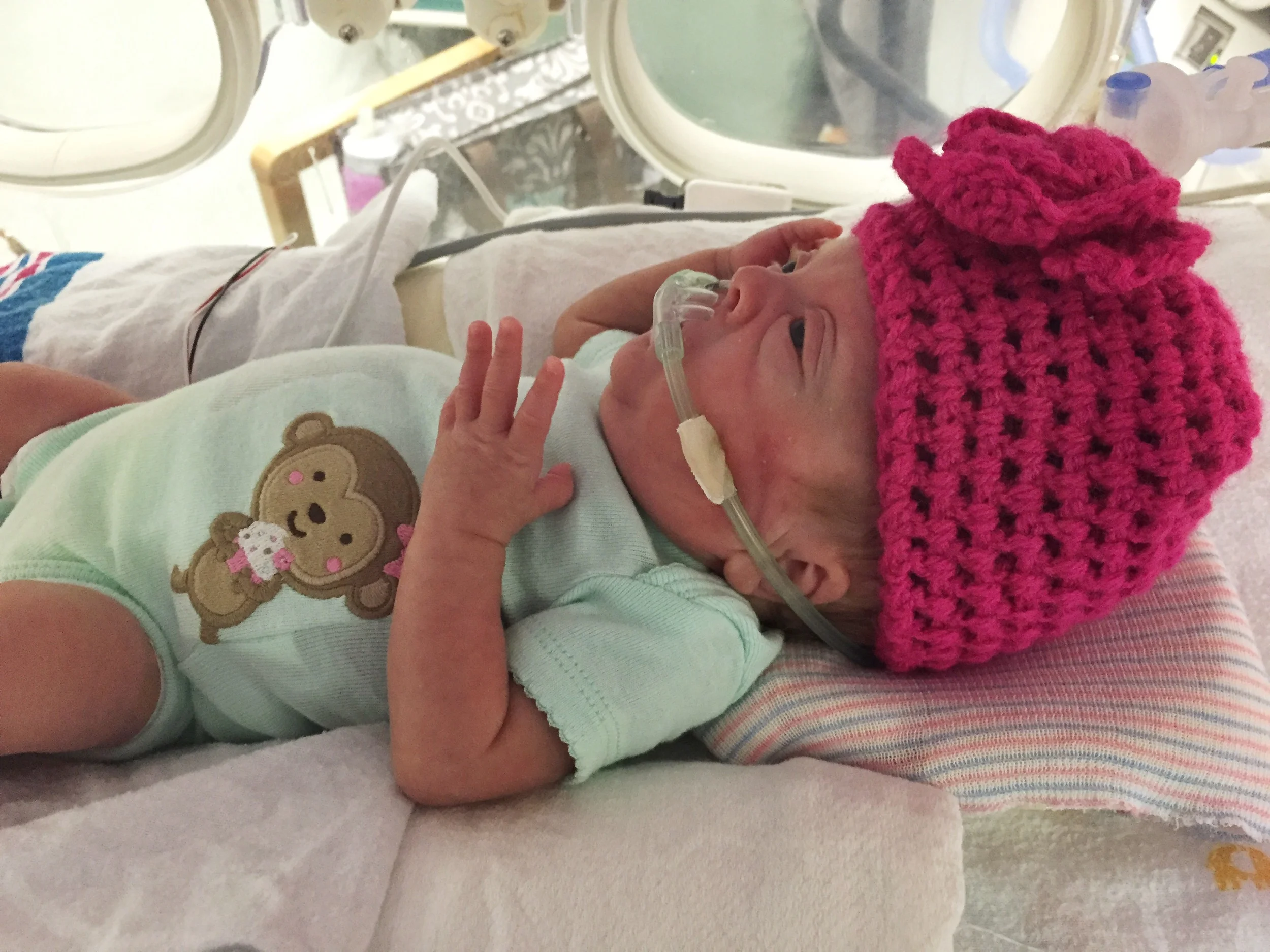 Lucie's new hat is from her friend Fairley and her onesie is from her friend Ivy. She already has so many friends who can't wait to play with her :)
