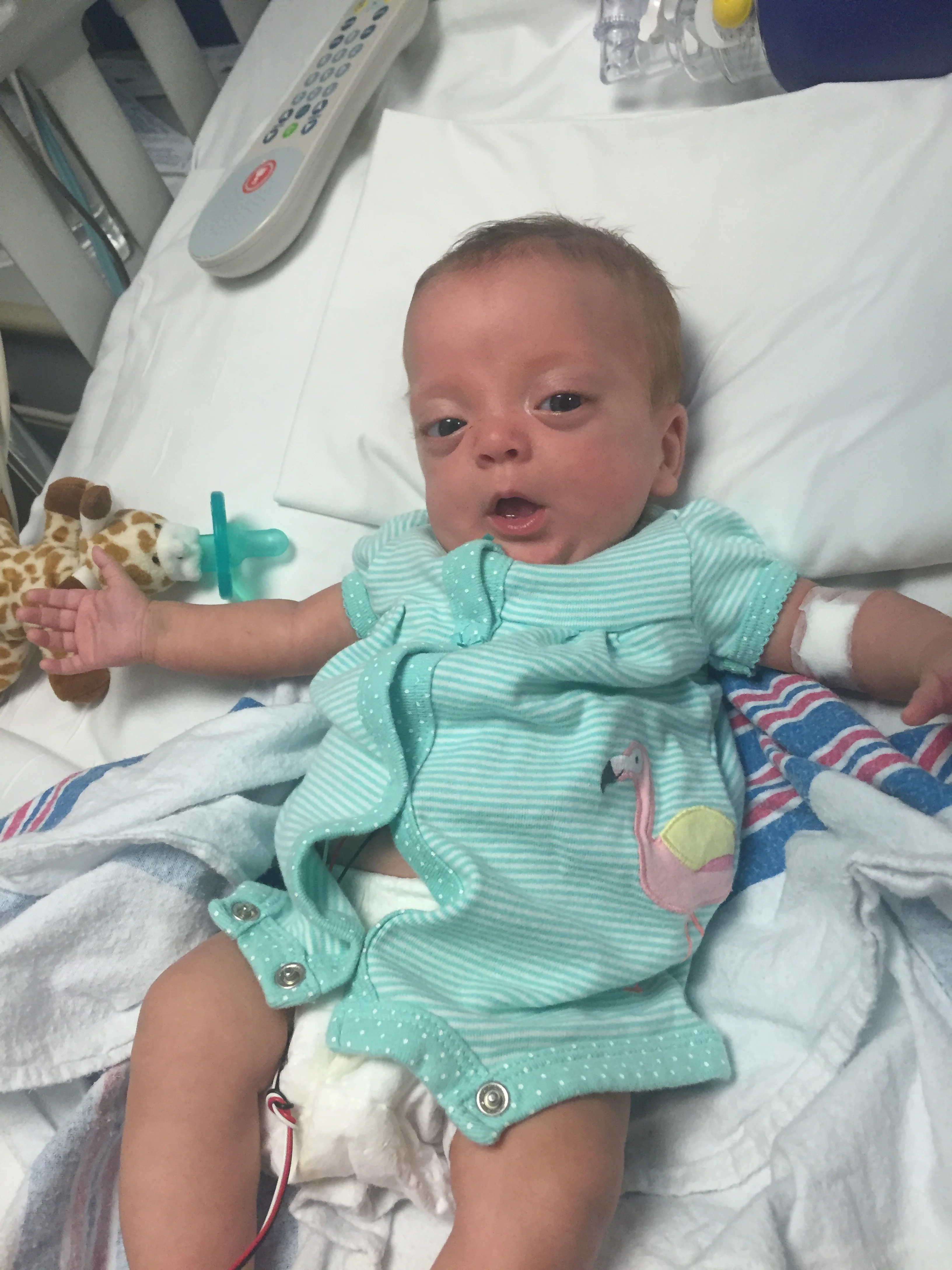She's so excited to be in regular clothes again as the IV has come out!