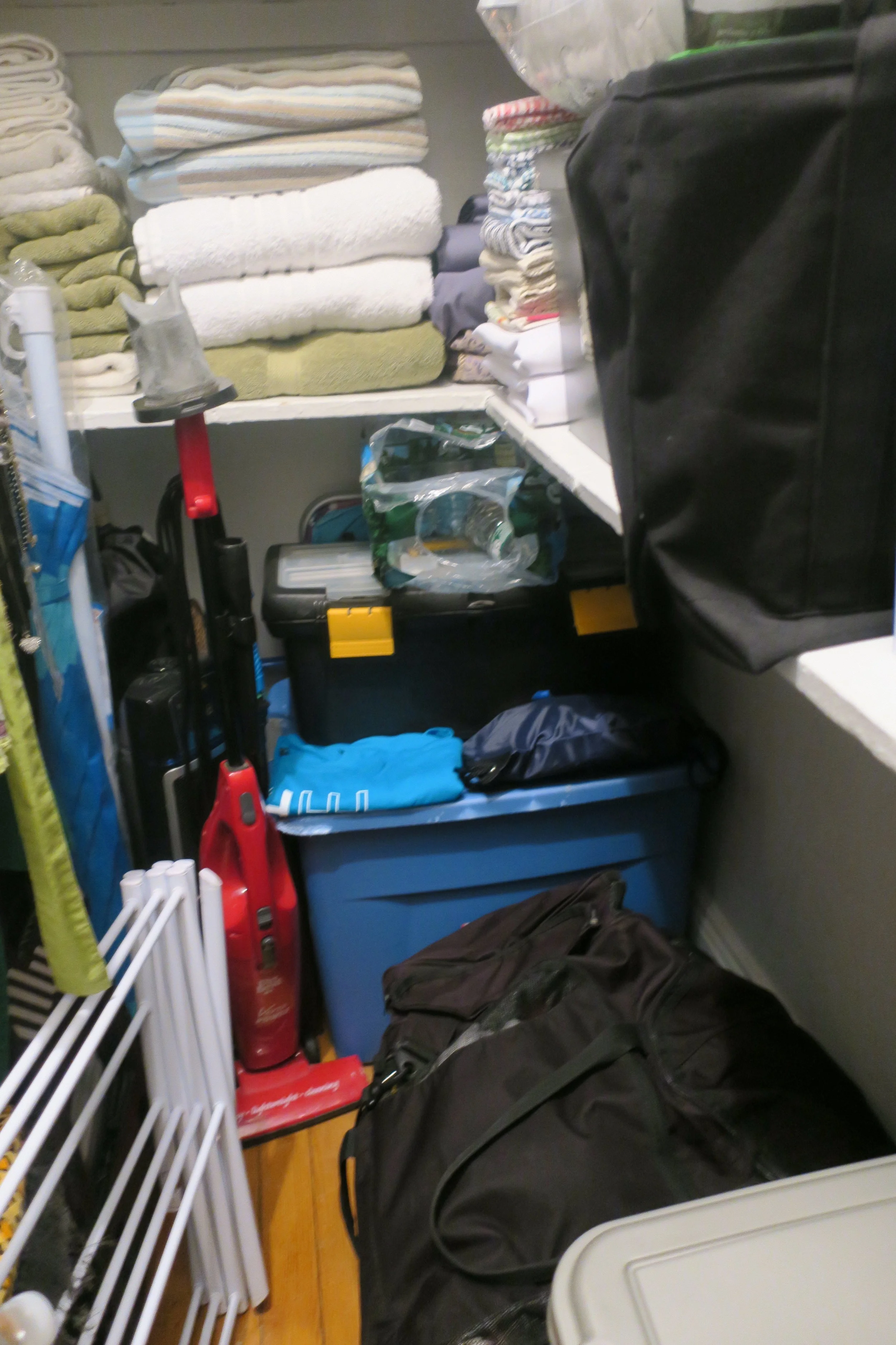  Towels, Bedding, Cleaning Supplies, and Huddle Up NYC Gear. It all fits! YAY! 