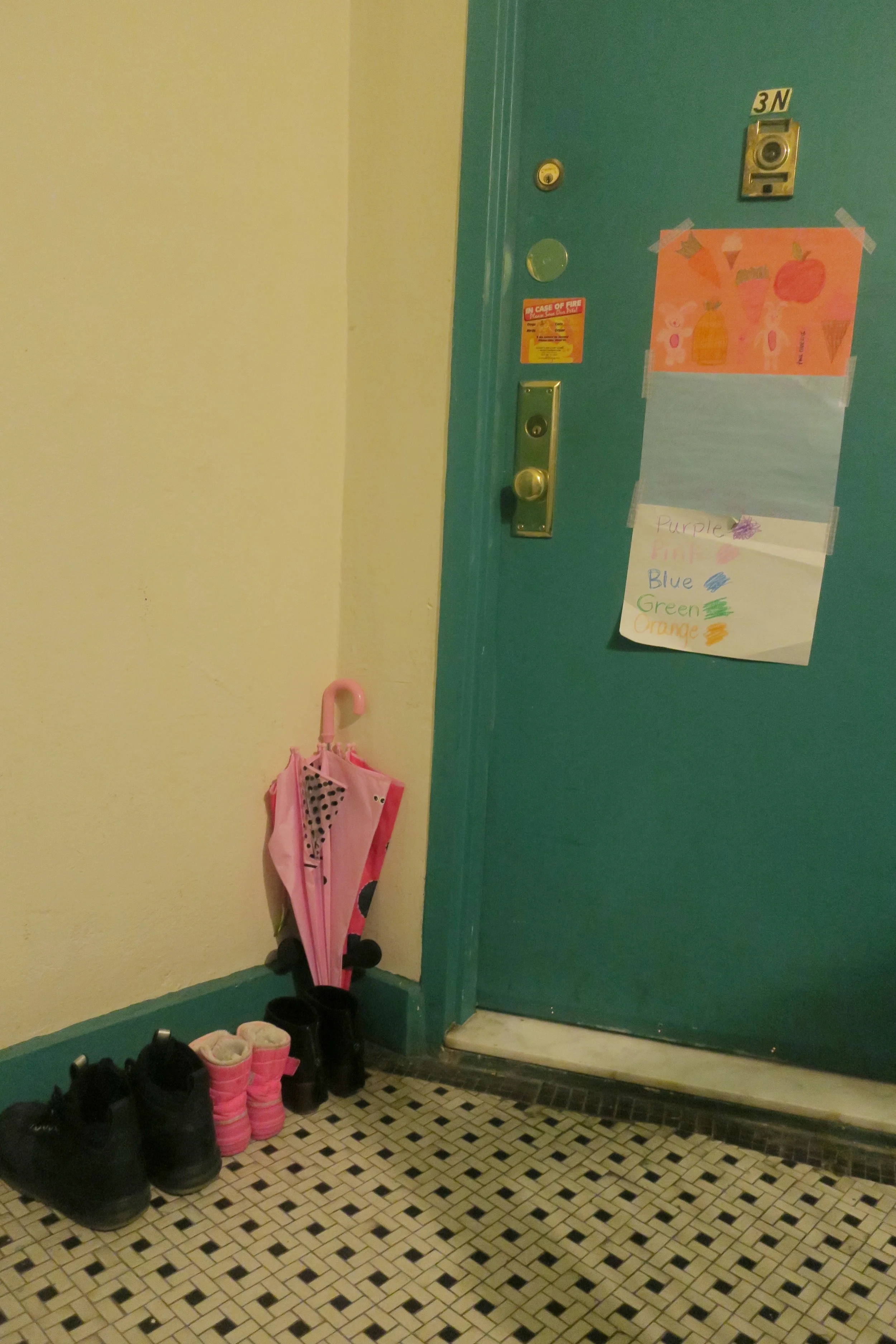  Welcome! First your greeted with our snowy, wet shoes outside along with Lucie's latest art work.&nbsp;When you walk in, you set foot into the kitchen. 
