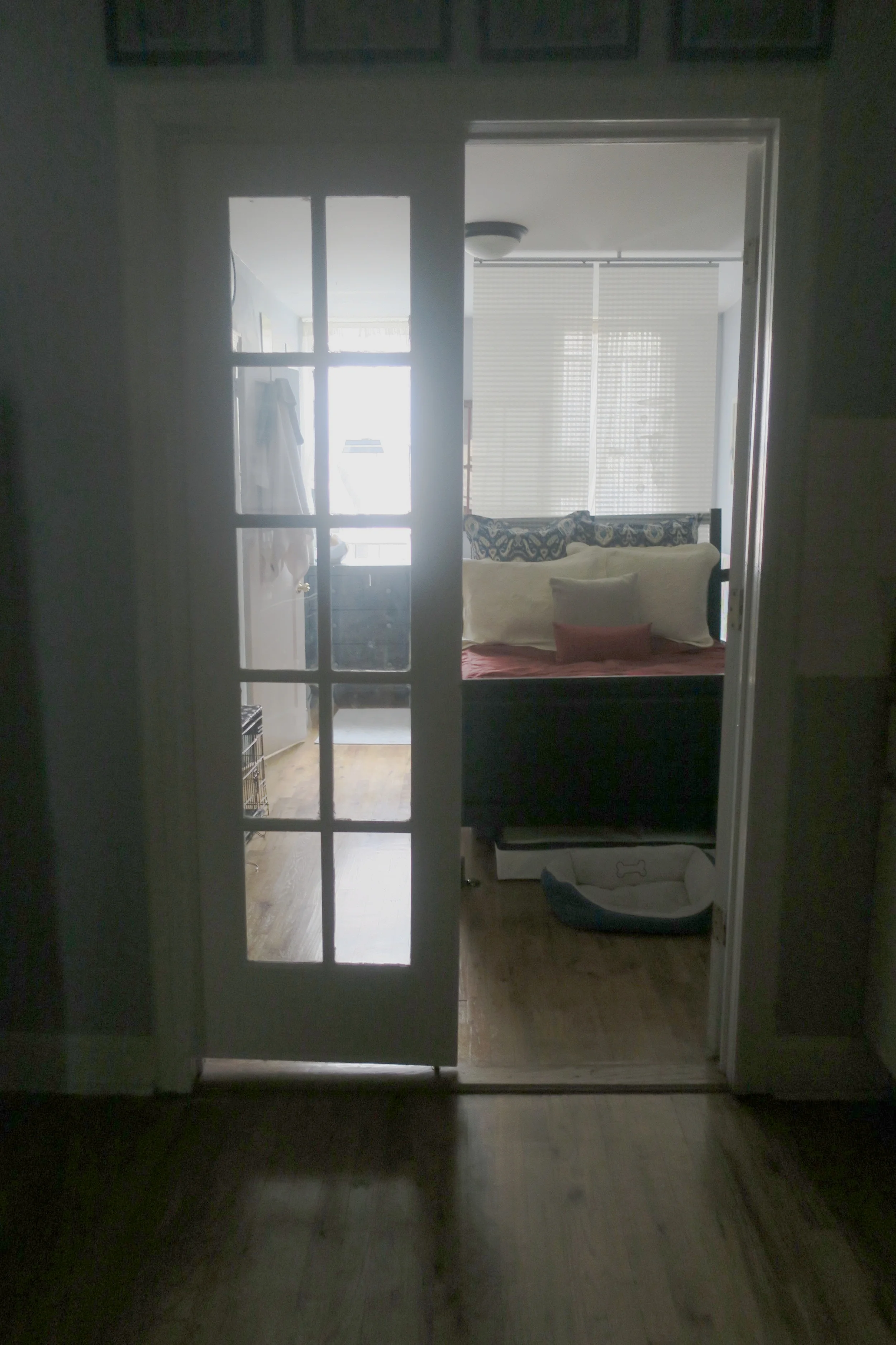 Head to the back of the apartment, through the french doors, and it's our Bedroom/ Lucie's Nook/ ONLY Bathroom. 