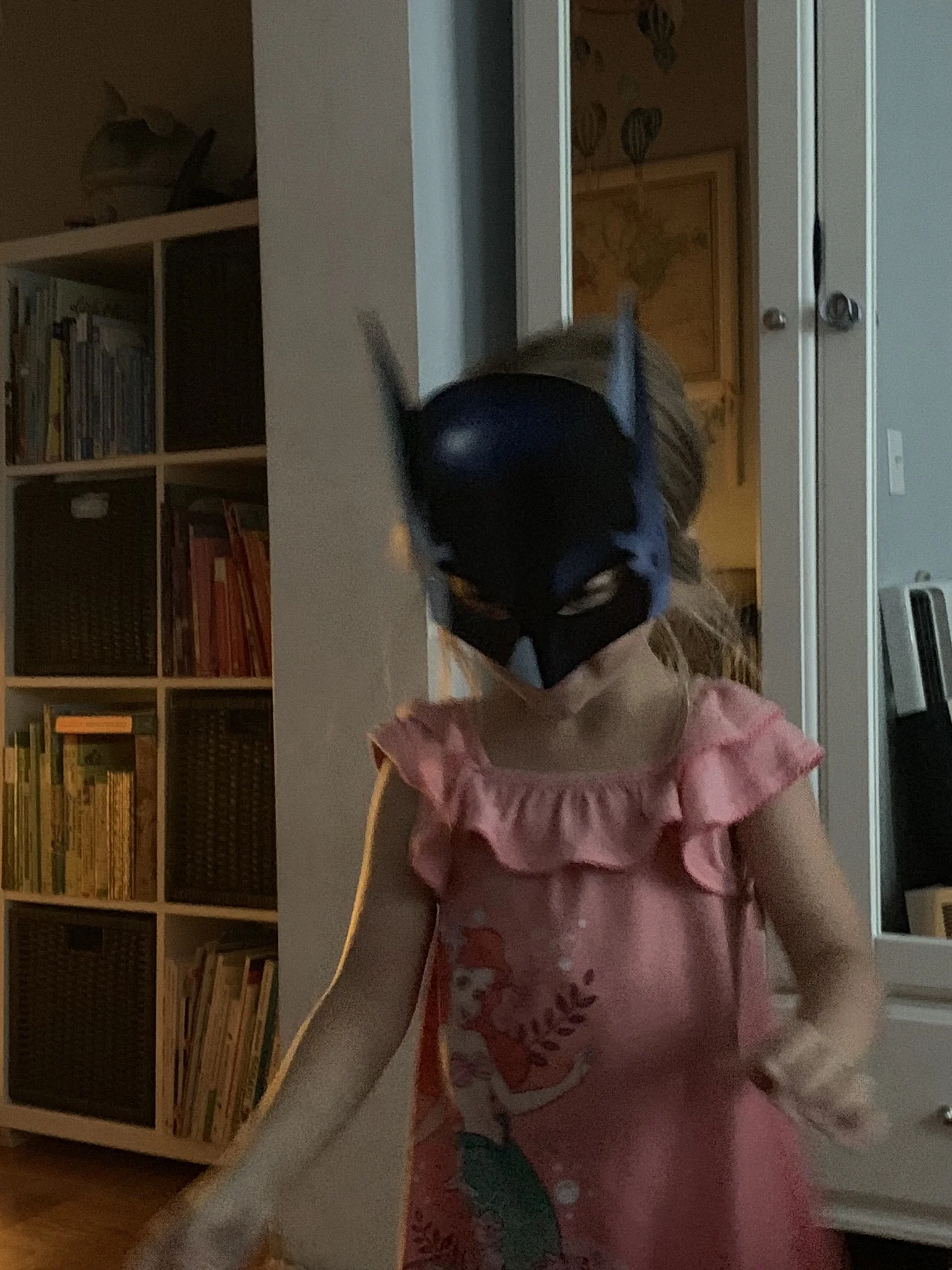Oh, good morning princess batman. This is how Lucie chose to wake us up one morning.