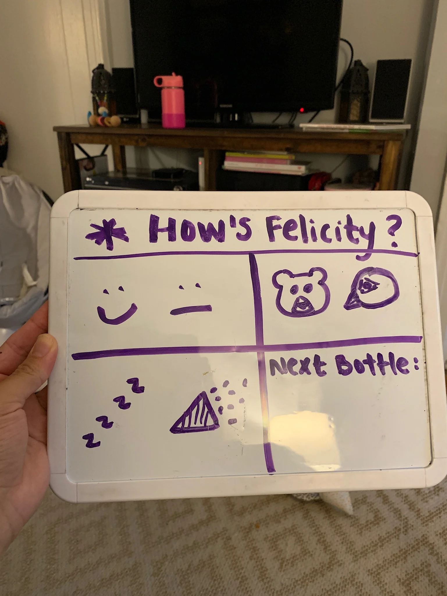 I made this little board to help us easily update each other and Aly on how Felicity was doing for the day. Translating the corners, the top left corner meant, “happy or fussy”, top right meant, “hungry bear or peckish pigeon” (Rob’s idea =)), bottom left meant, “sleepy or ready to party”, and the bottom right is self explanatory. We used it for about two weeks after I went back to work, and it was really helpful to get us in to the new rhythm of care.