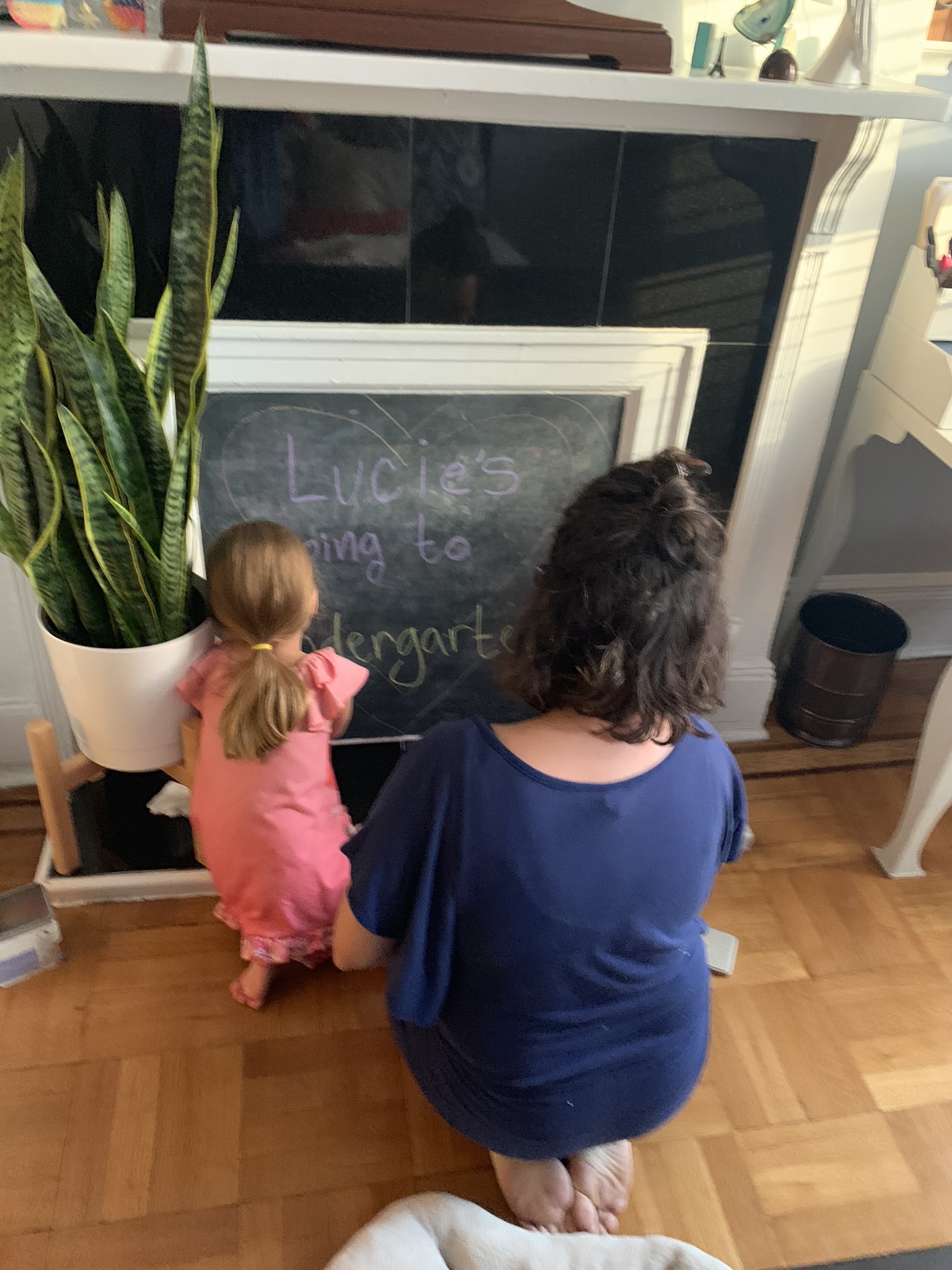 Getting the chalkboard ready for tomorrow’s big day: Lucie's going to Kindergarten
