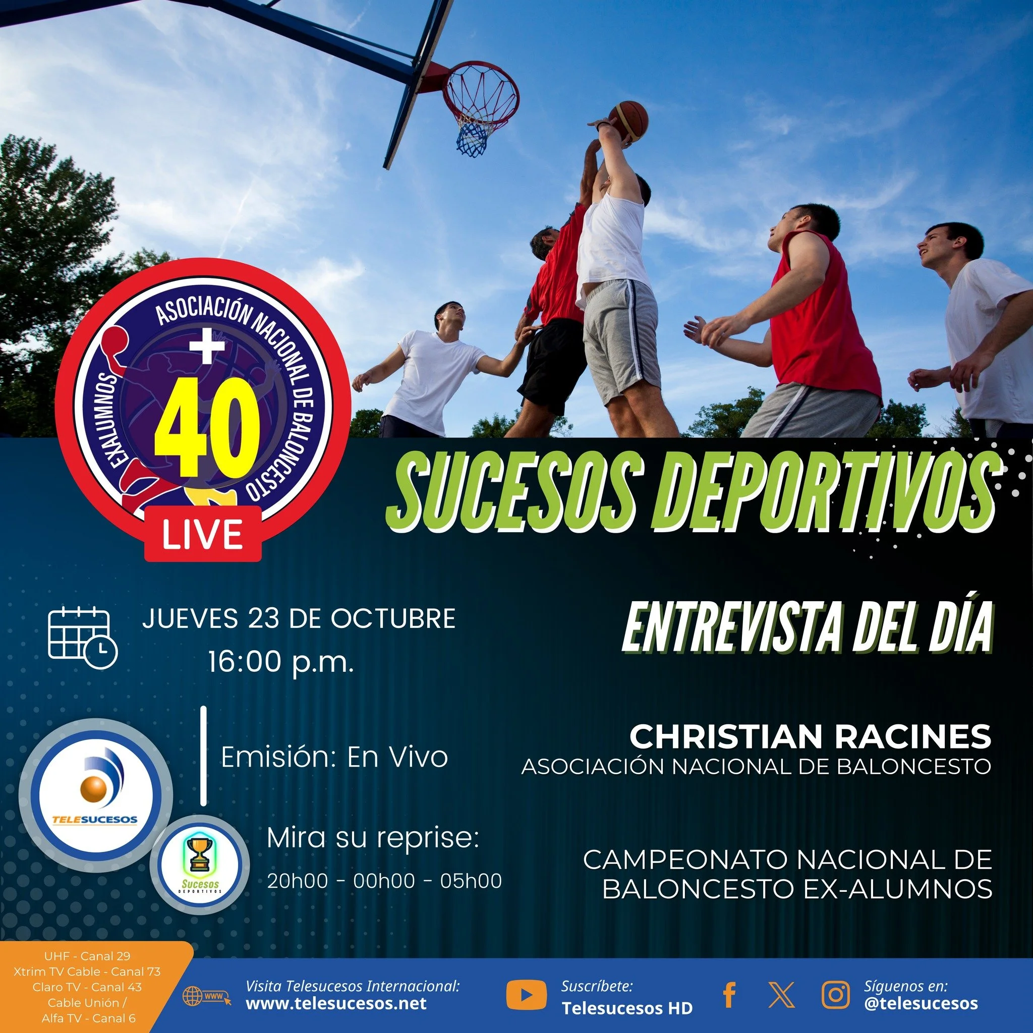 #SucesosDeportivos | Jueves 23 de Octubre 📺🏆
🎙️📺🏆 Este jueves, en Sucesos Deportivos, nos acompaña Christian Racines, quien nos hablará sobre el Campeonato Nacional de Baloncesto de ExAlumnos categoría +40. 
➡️⏱️Sinton&iacut