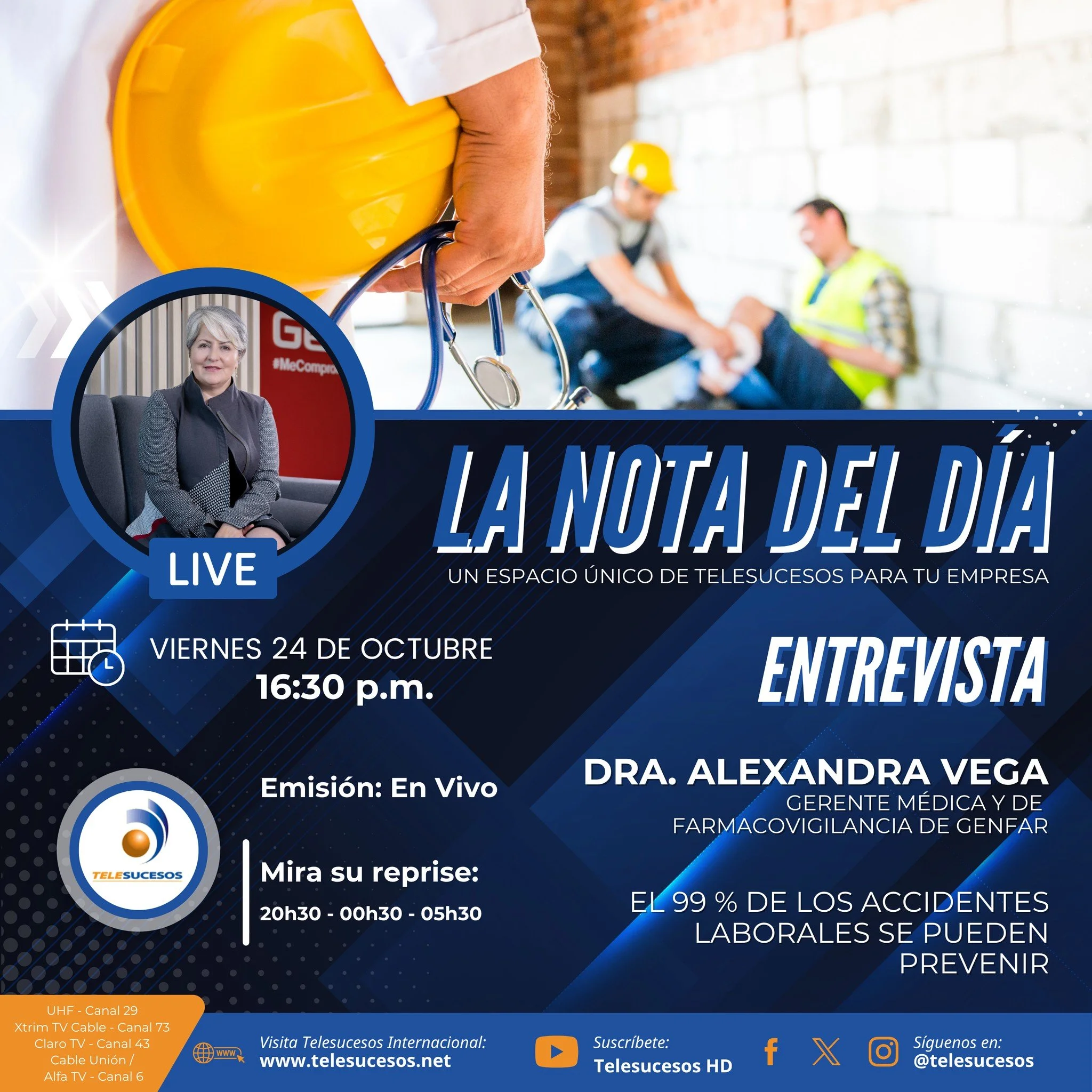 #LaNotaDelDía | VIERNES 24 DE OCTUBRE 2025
📺🎬🏆 Un espacio único de Telesucesos para tu empresa !!
Este viernes a las 16:30, nos acompaña la Dra. Alexandra Vega, Gerente médica y de Farmacovigilancia de GENFAR.
➡️⏱️Sinto