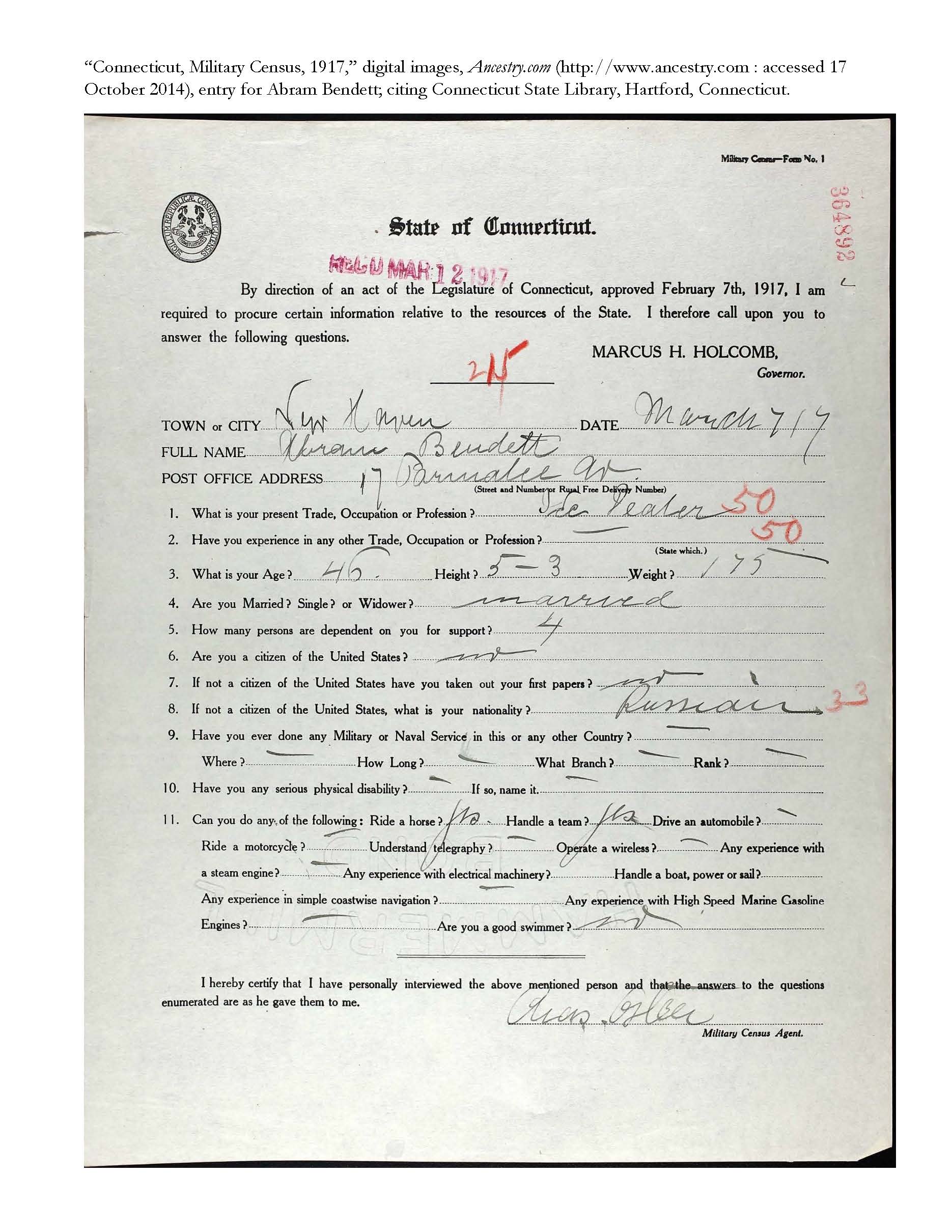 This 1917 military census for Connecticut indicates this man could handle a team of horses, but could not swim or drive an automobile. What might you learn?