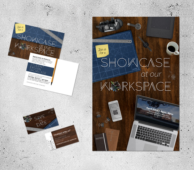 Student Showcase Poster + Postcard + Save the Date created in Photoshop & InDesign