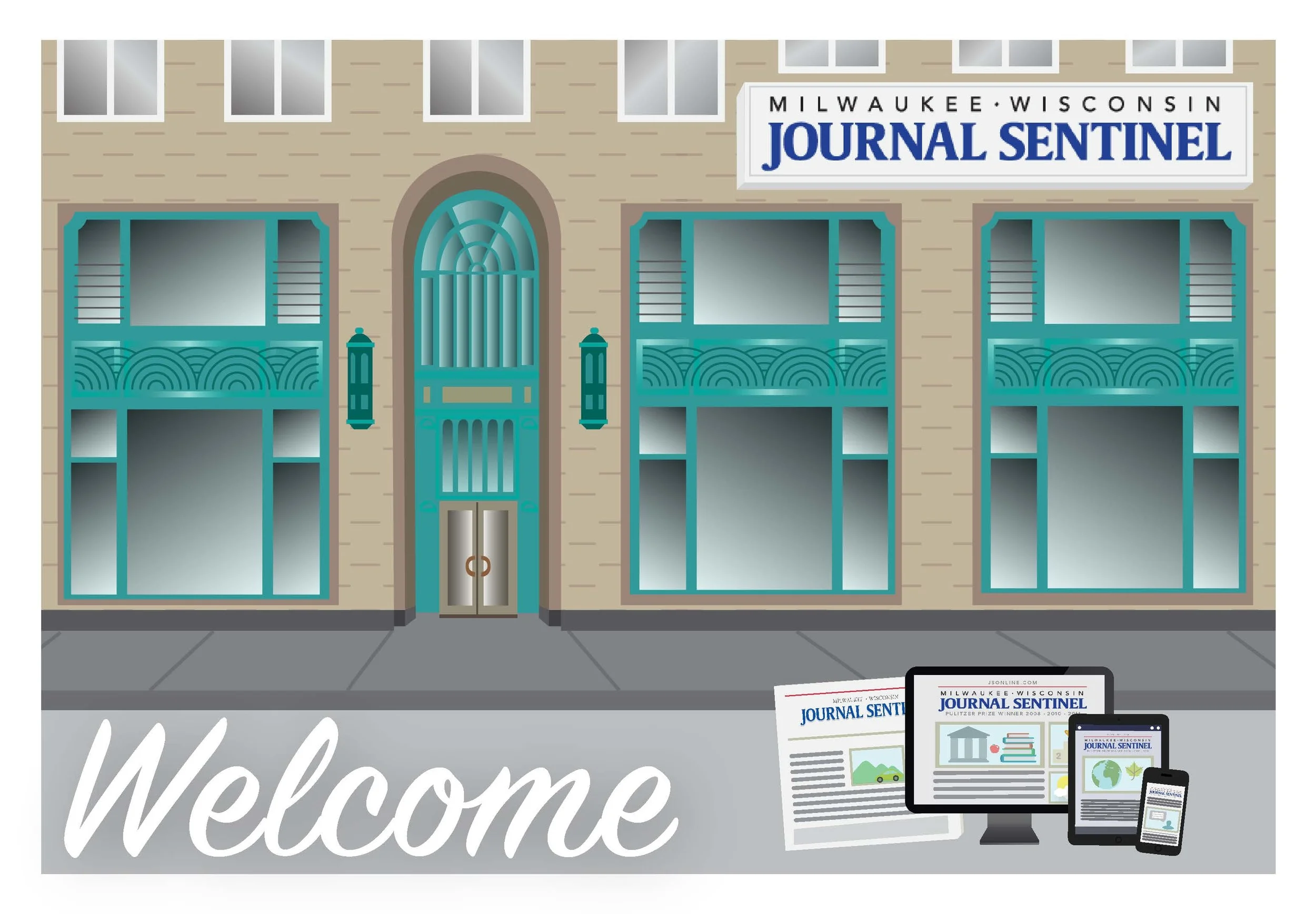 Illustrated welcome postcard for the Journal Sentinel
