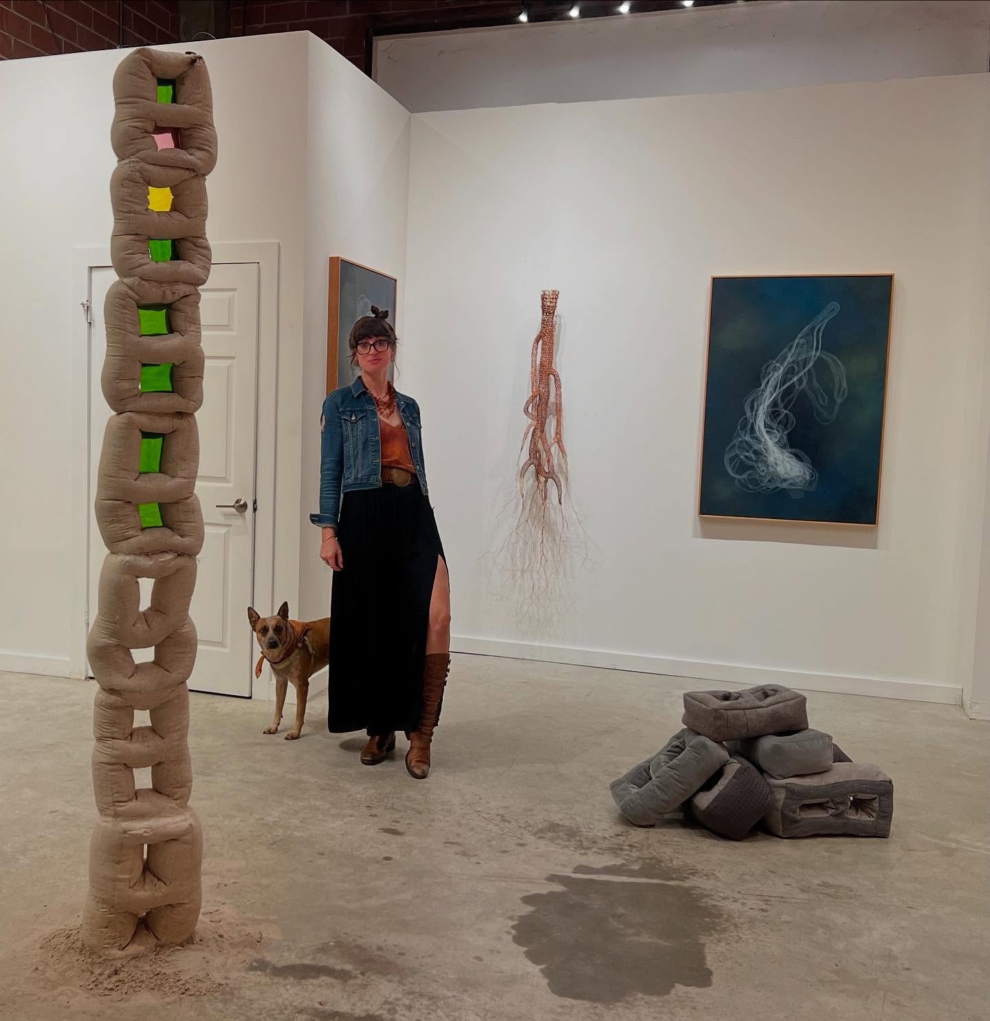 I made some new art. Ghost of the Grass Roots and Softies for a Hard World. Pictured here with Holy Fat Stacks, and @janaswec &lsquo;s brilliant painting Movement 2. Our show is up until March 22nd, if you&rsquo;d like to see it. Saturdays 12-6 or by