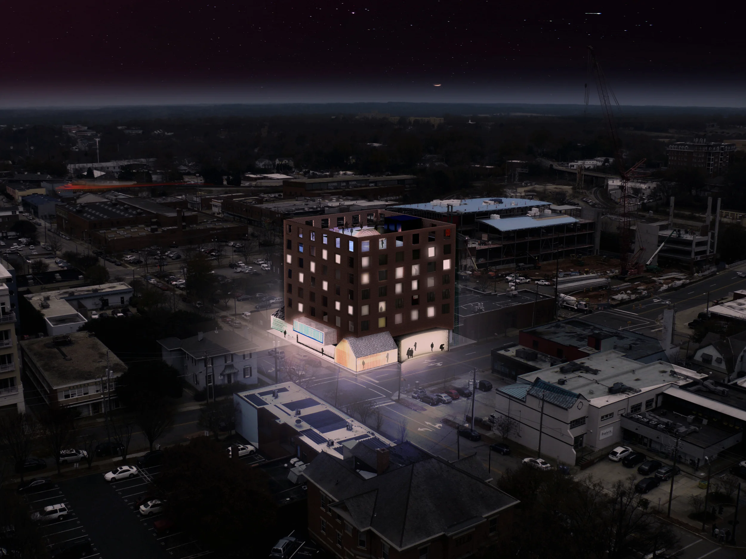 The Ark Royal Hotel Raleigh, North Carolina Architect: HA Program: Proposal for a 50,000sf (5,000m2) 70-key amenity based boutique hotel located in the heart of Raleigh's warehouse district. The amenities include a restaurant, coffee shop, retail store, and library. Rooftop is used as a flex space, with seasonal beer garden and outdoor cinema. Client: Withheld