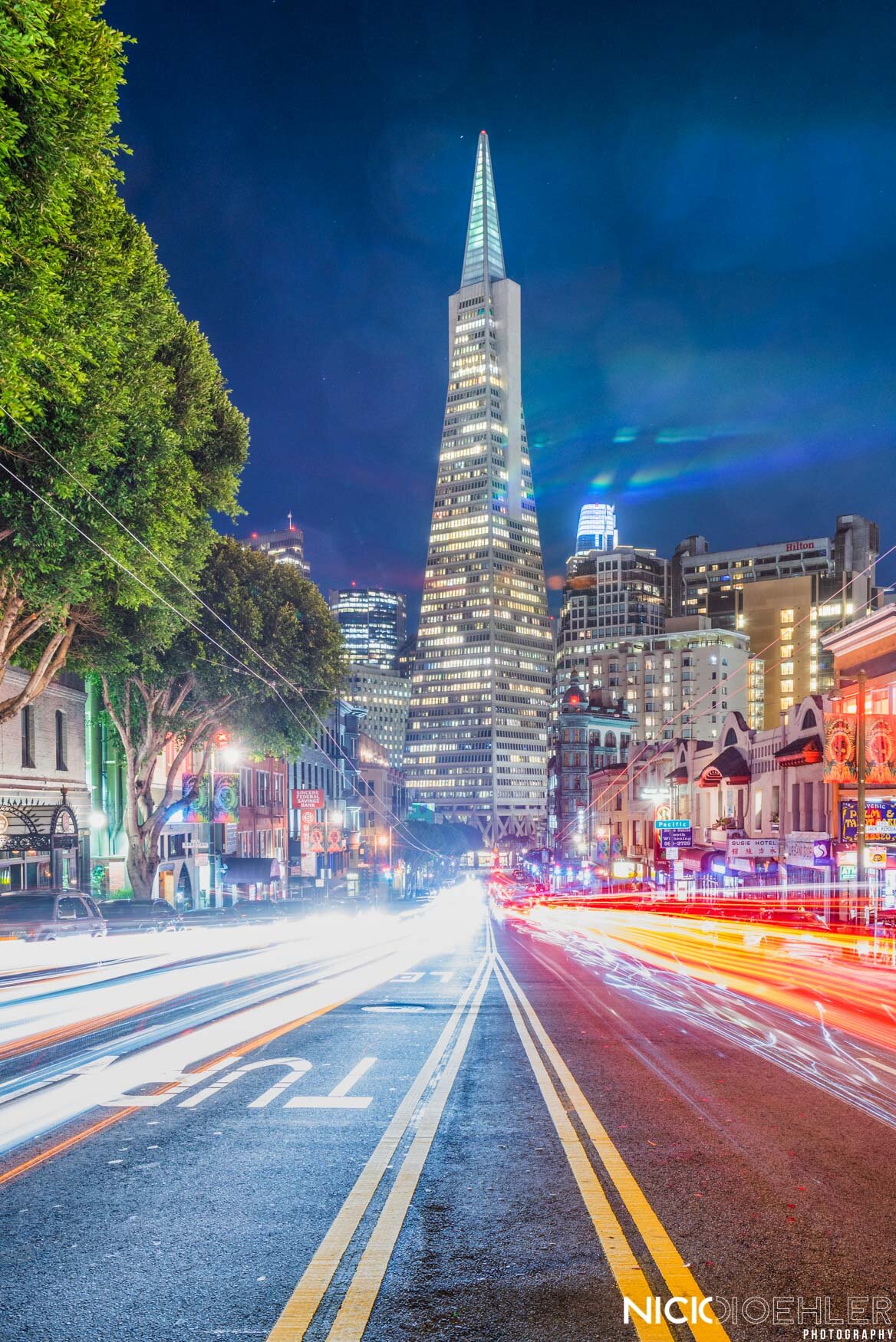 Transamerica Pyramid overlooking light trails.