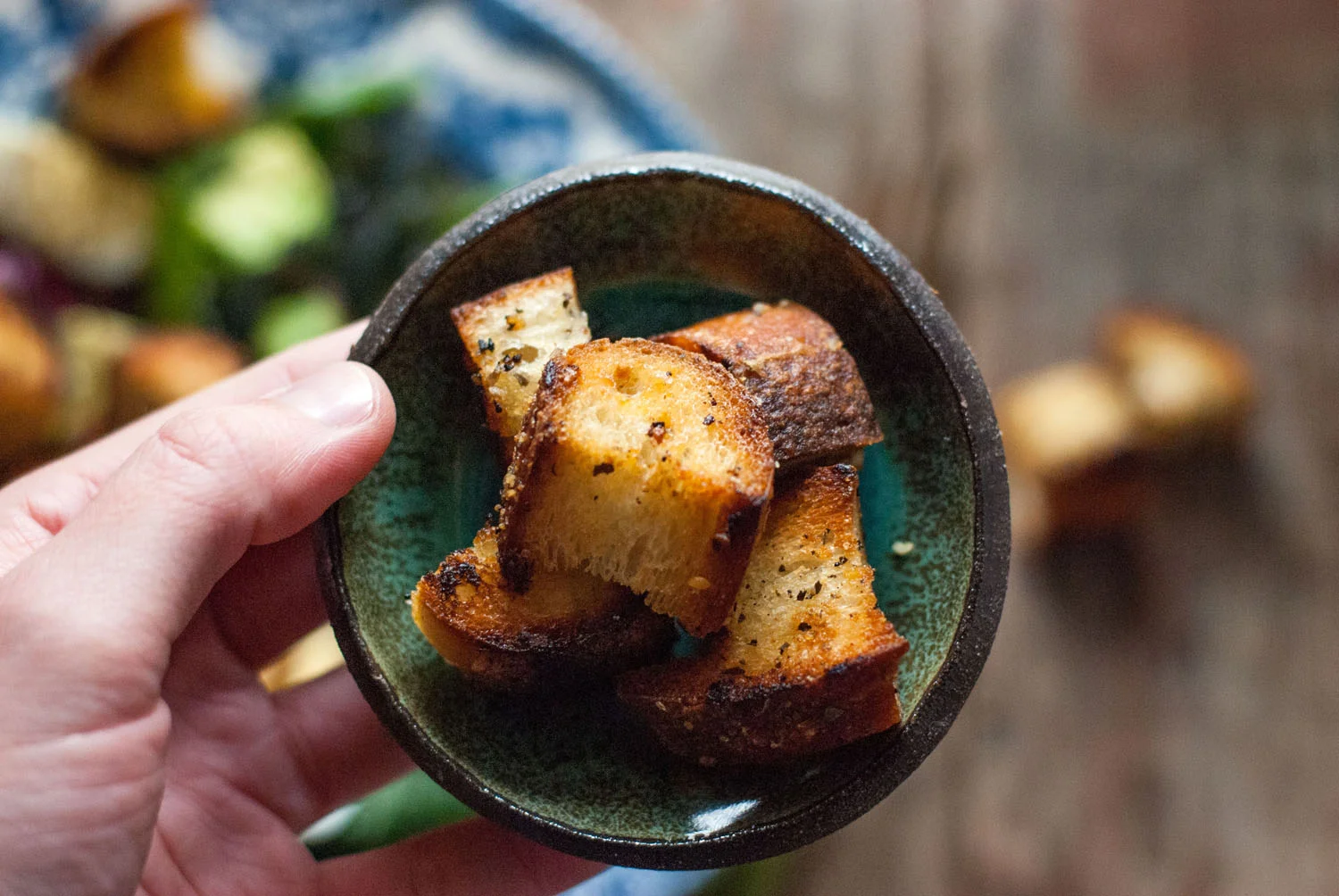 The best part is that you can make these from almost any leftover bread—those heels of the loaf that no one wants? Presto! They are now your favorite part. How about that renegade hot dog bug languishing in the freezer from the last cookout? Yep. Give that bad boy a makeover and turn him into croutons. You can even use . . . *whisper* leftover pizza crust to make pizza croutons. Oh my GOODNESS. You are a genius. I love working with you.