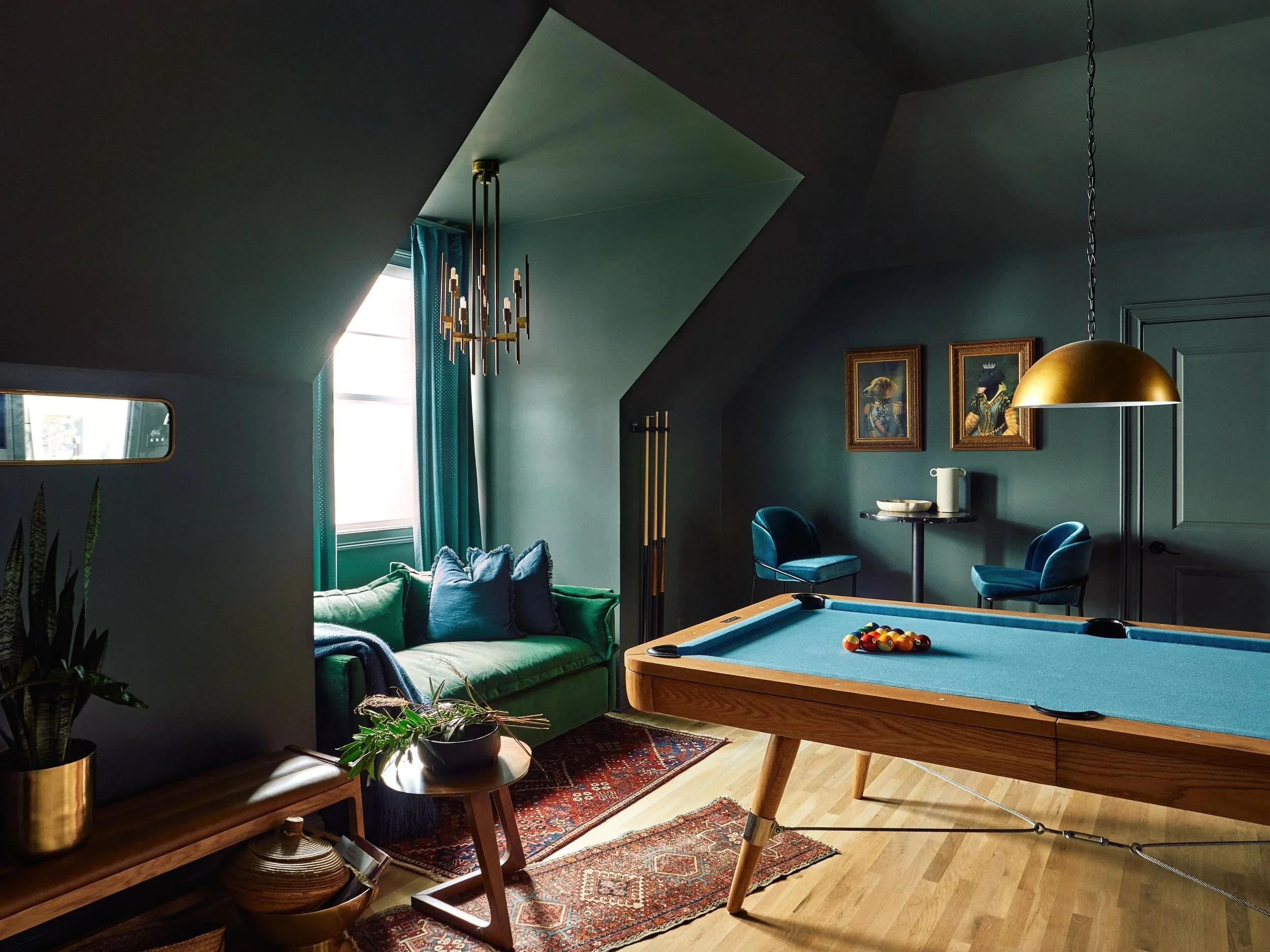  Nashville Luxury Interiors Designed Game Room featuring green walls and a pool table photographed by Justin March Photography. 