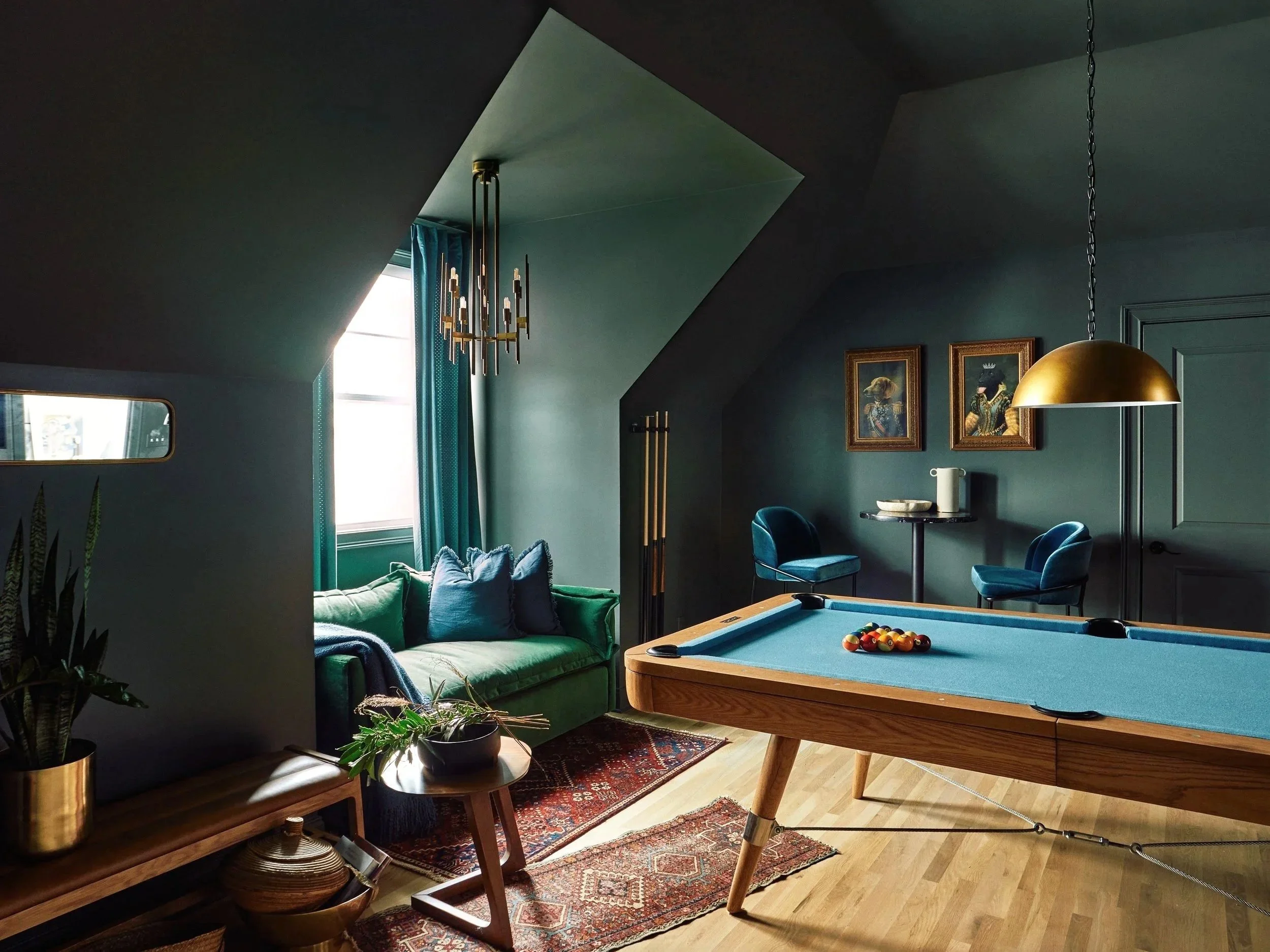  Nashville Luxury Interiors Designed Game Room featuring green walls and a pool table photographed by Justin March Photography. 