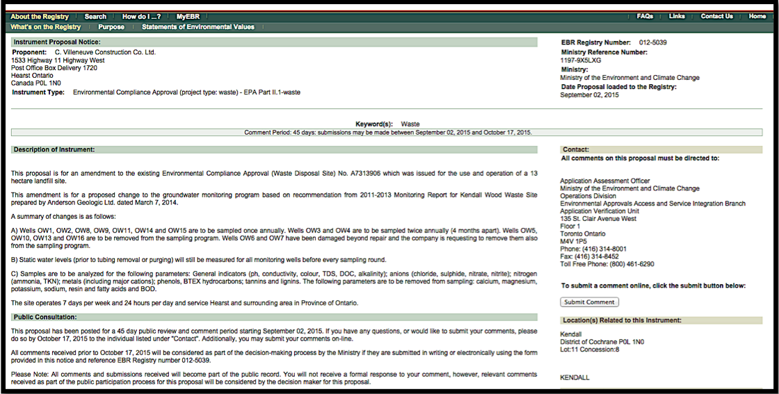 Example of Current Application for a Instrument Proposal *Note that submissions (comments) may be made for 45 days.