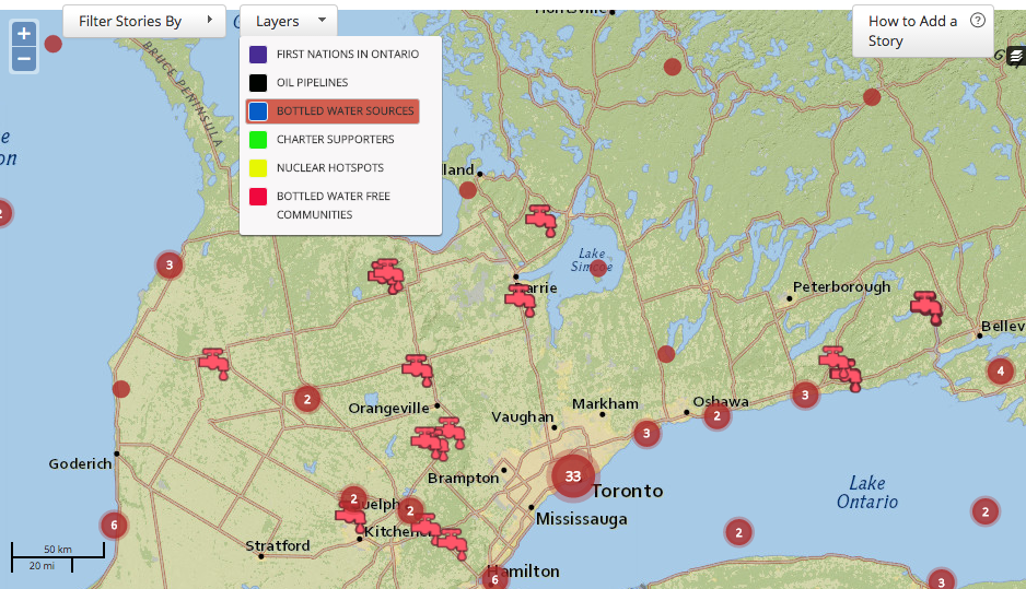The Great Lakes Commons Map marks the sources of bottled water for Ontario. Get in touch to help us map the remaining permits throughout the Great Lakes. 