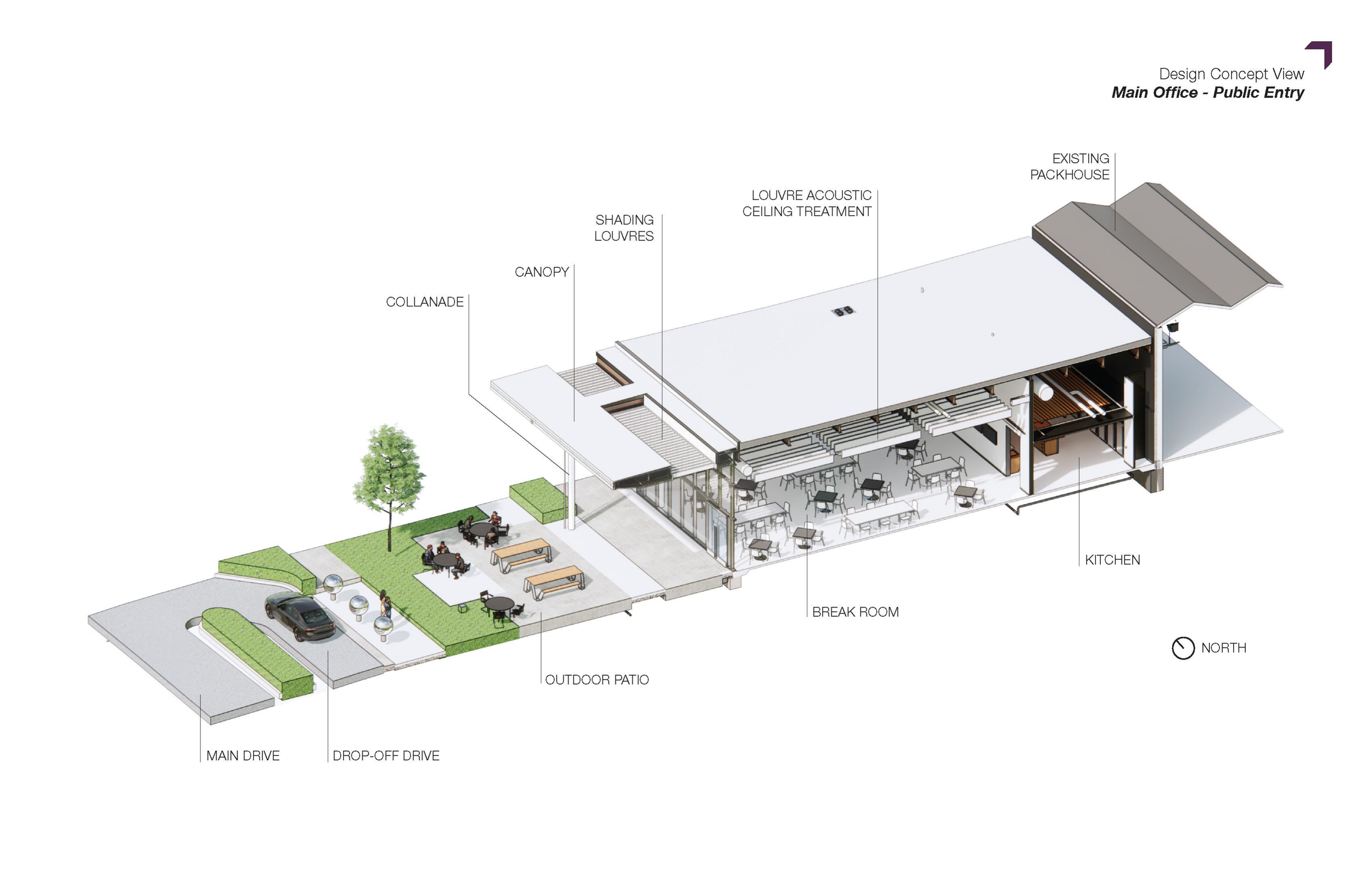 3D section through break space into future front plaza space.