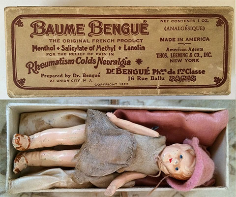 Miniature bisque doll store in Baume Bengue Box