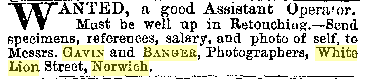 May 25, 1888 The Photographic News Help Wanted Ad for Gavin & Banger