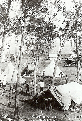 Atkinson family living in tents at Manly Beach while their home was being built.