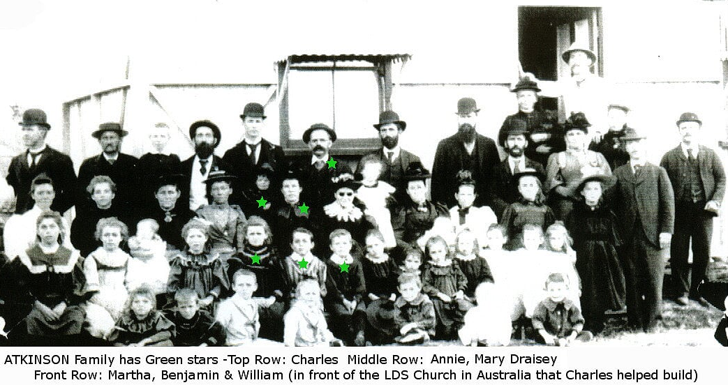 Members of the Australian ward taken in front of the meeting house Charles helped build. Cropped to better shows the family. Full image below.