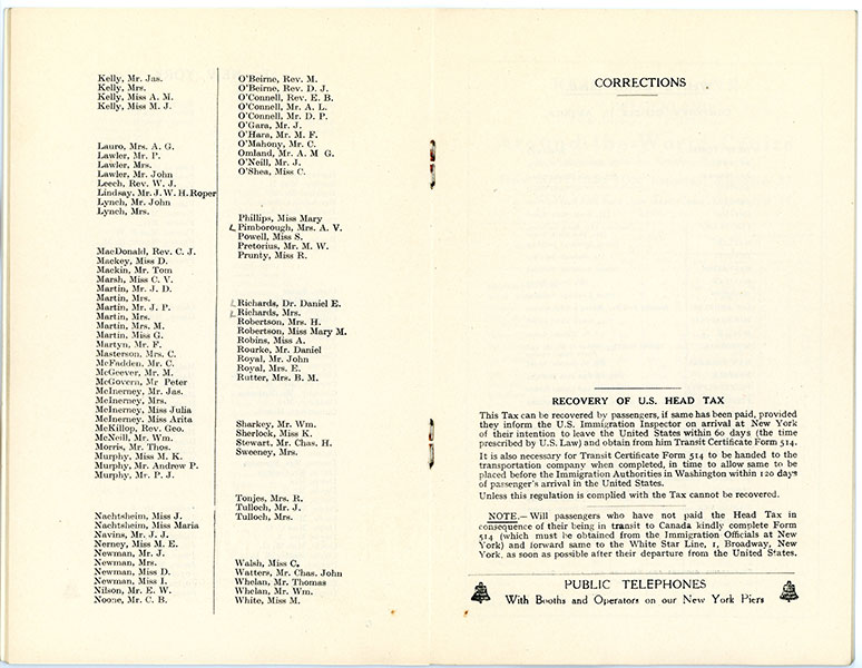 R.M.S. Celtic Passenger List 1926