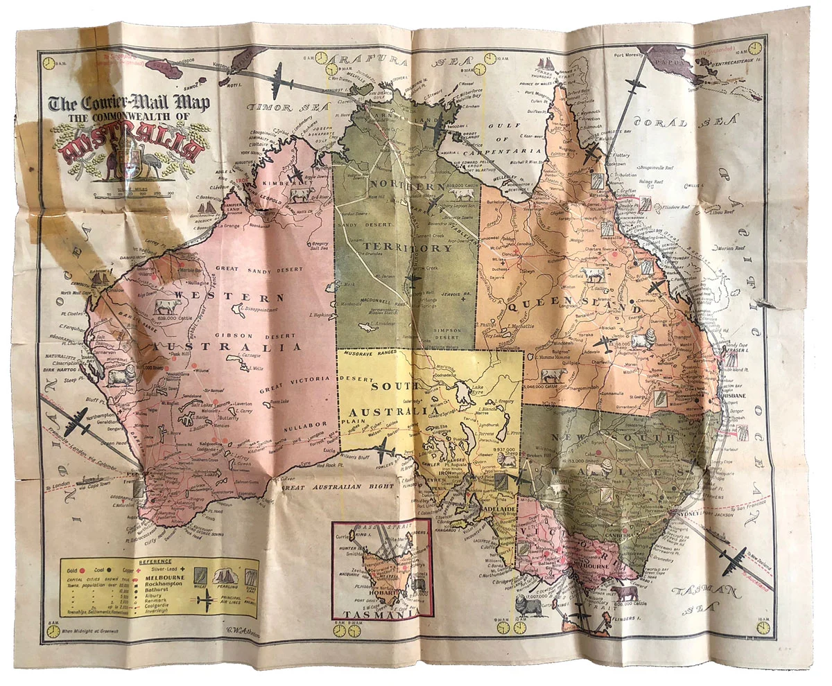 The Courier-Mail Map of the Commonwealth of Australia, Monday February 26, 1945. Note the key in the left corner and the livestock pictured throughout. Incredible!