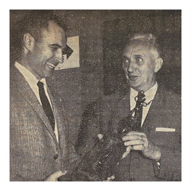 &ldquo;Whose Getting What?
Judging from the smiling visage of Mr. Atkinson (left), you&rsquo;d think he was receiving the silverware being distributed above. But, he was merely doing the distributing himself as Dr. Harold Sweezey of First Baptist acc