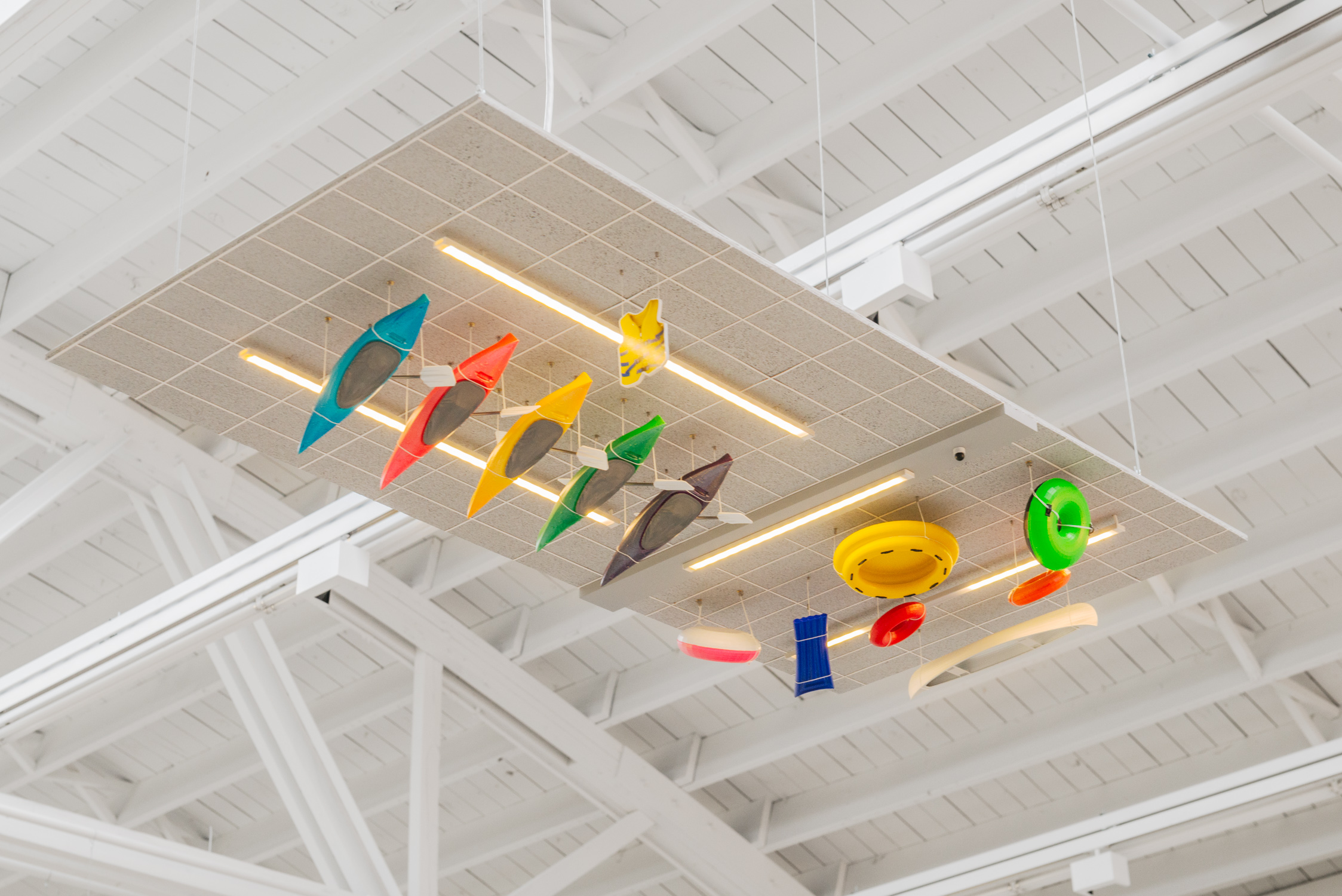 Ceiling (Water Sports), 2016 aluminum, stainless steel, cork, MDF, paper, acrylic paint, acrylic sheet, ink jet print, thread, magnets, PLA, LEDs, hardware