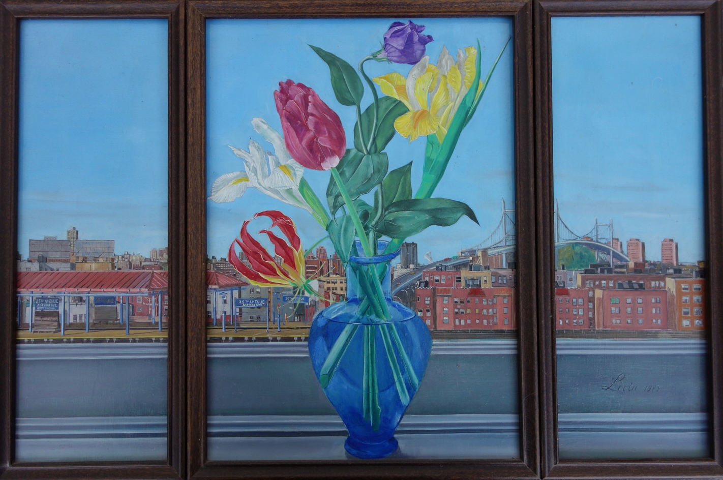   Triptych - Flowers on Window sill.&nbsp;&nbsp;View from my apartment in NY.&nbsp;&nbsp; At the Cloisters in NY there is at least one medieval triptych painting that I like, so this is my way of doing something along those lines.    1983    Oils on 